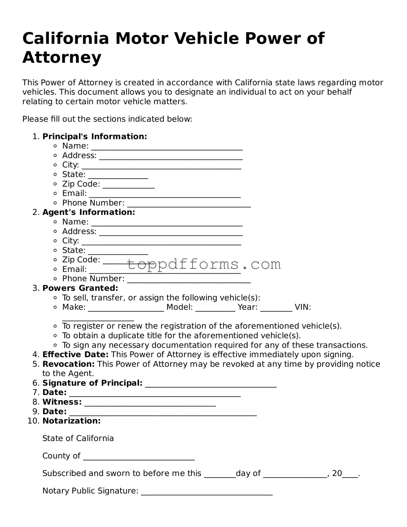 Motor Vehicle Power of Attorney Document for California State