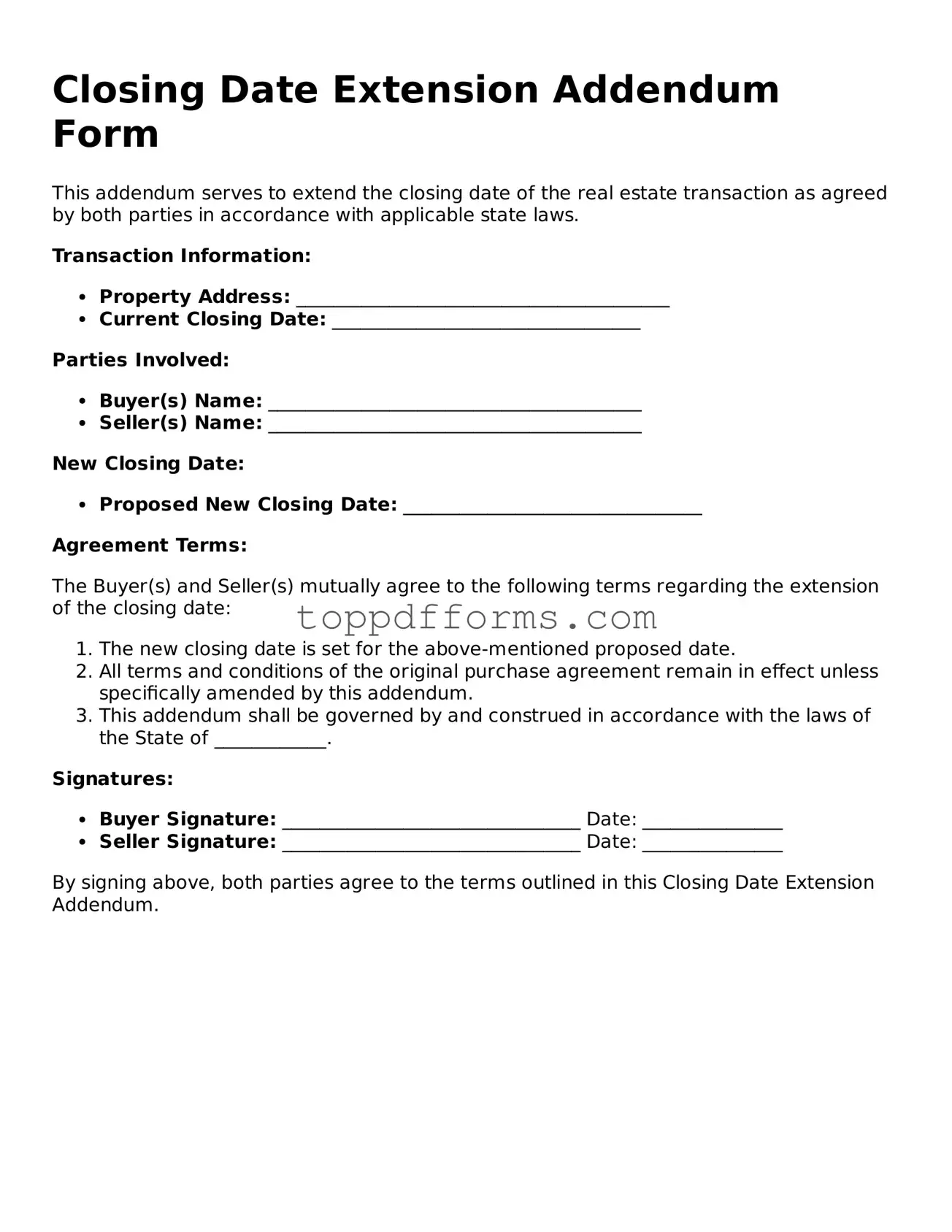 Free Closing Date Extension Addendum Form Template