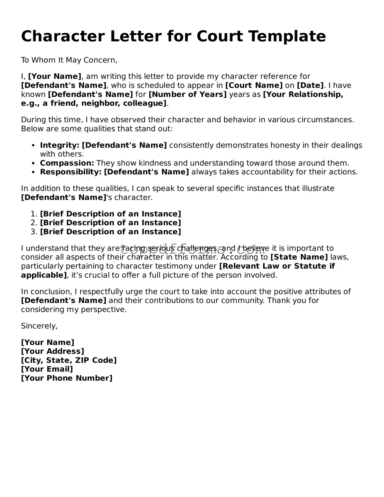Free Character Letter for Court Template