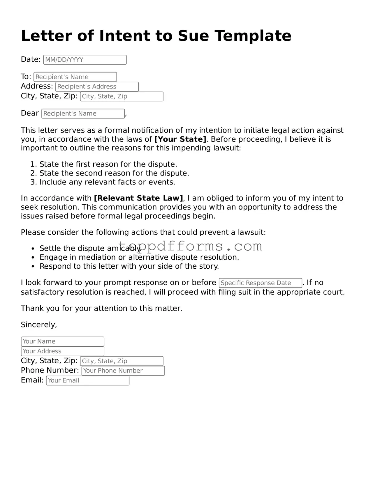 Free Letter of Intent to Sue Template