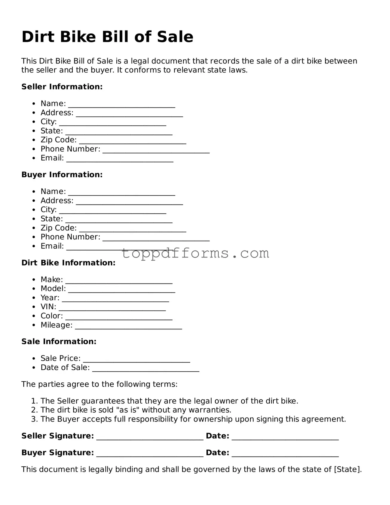 Free Dirt Bike Bill of Sale Template