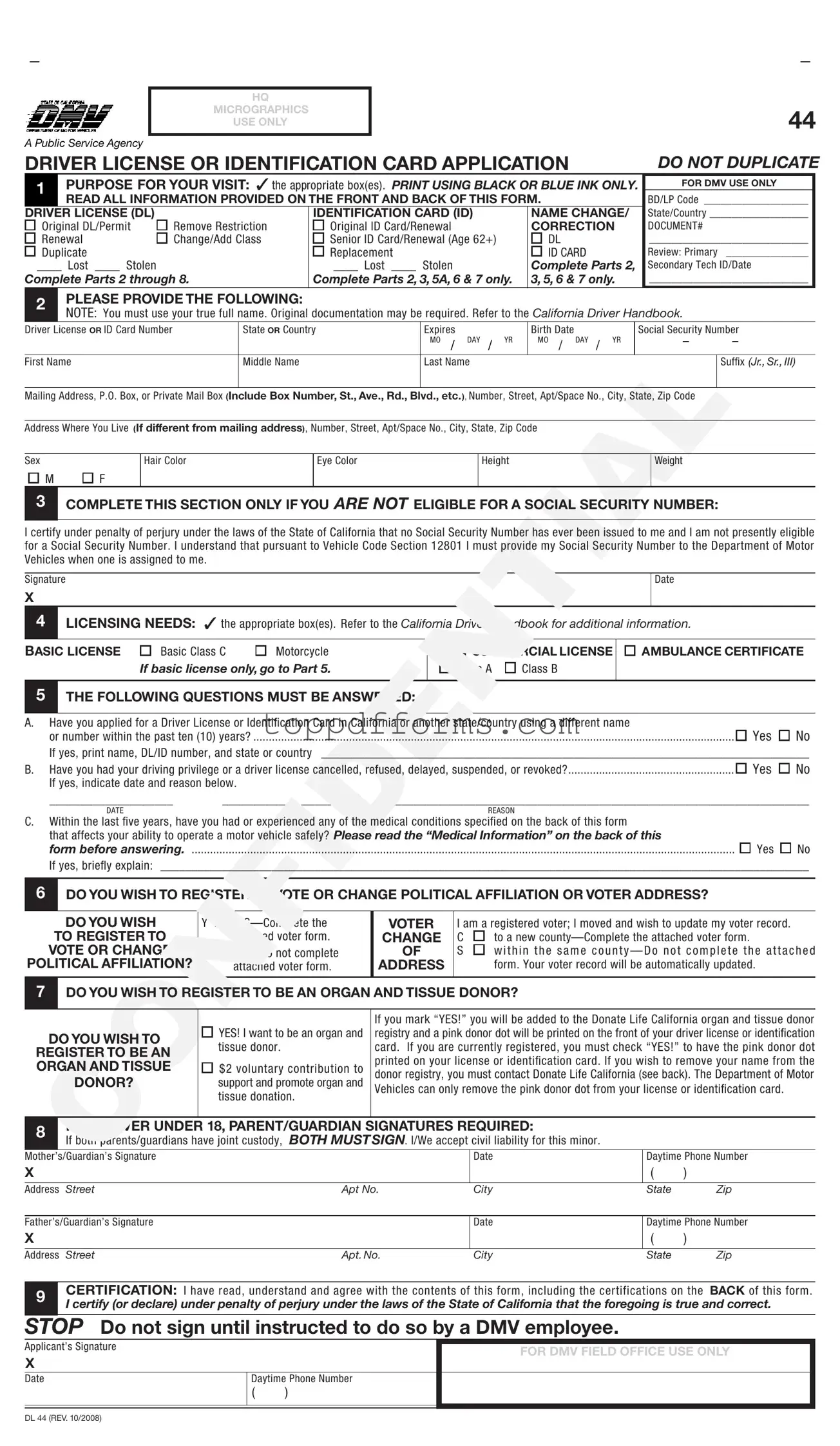 Free Ca Dmv Dl 44 Form