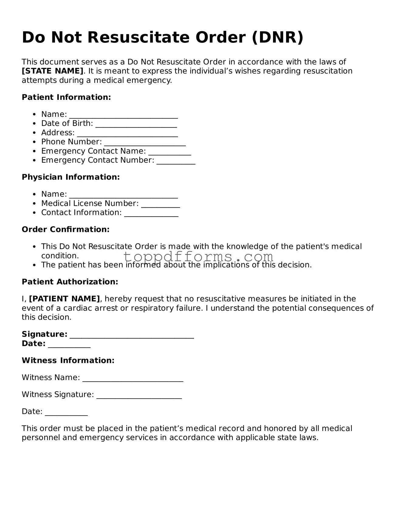 Free Do Not Resuscitate Order Template