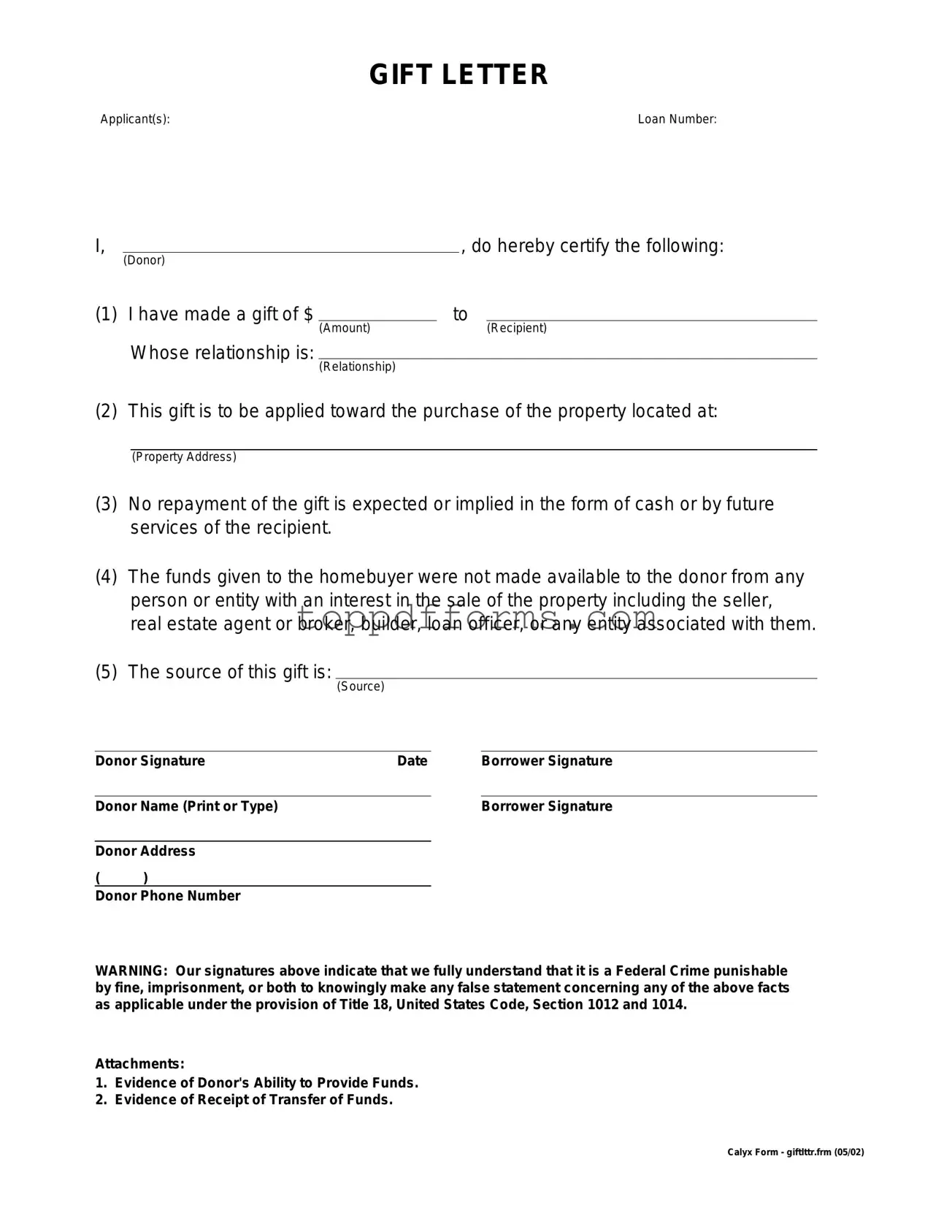 Free Gift Letter Form