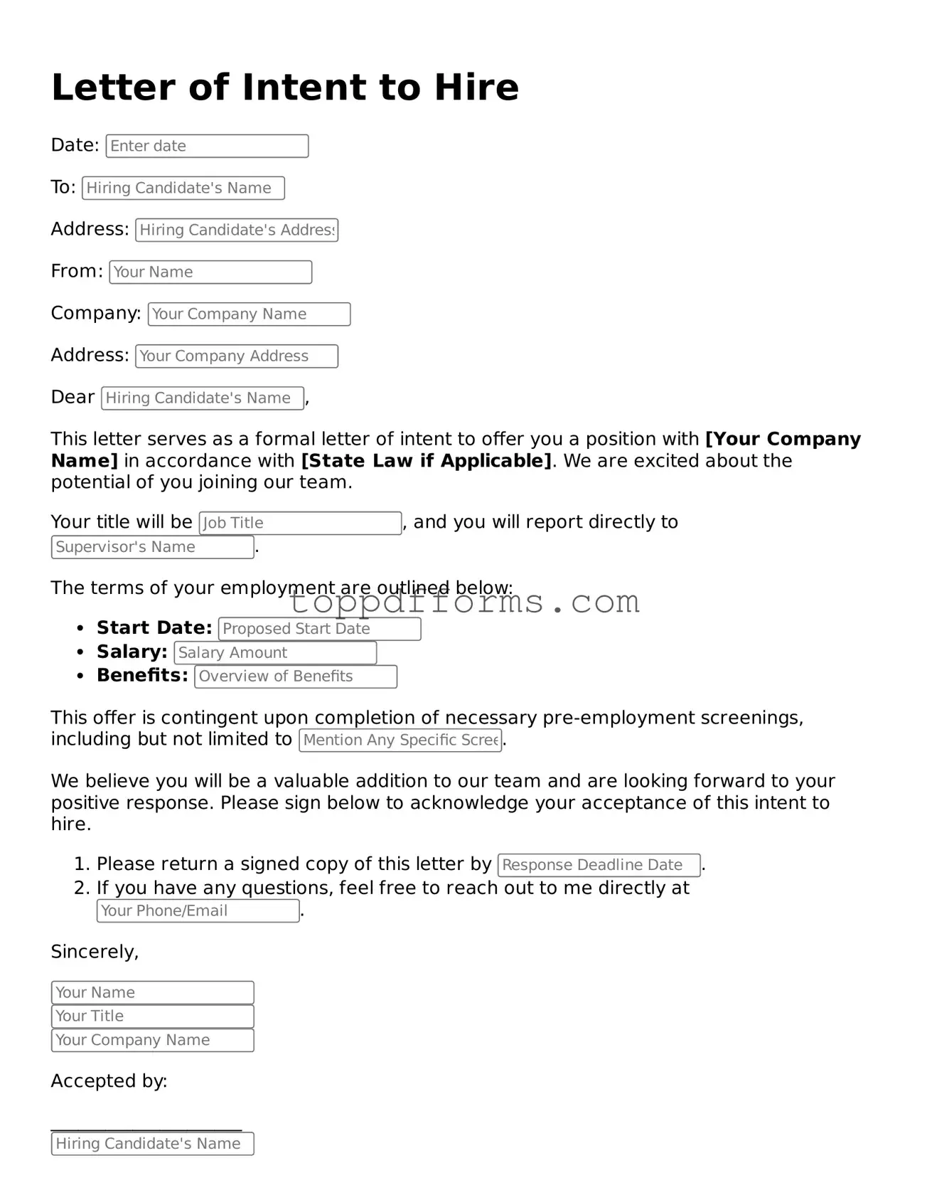 Free Letter of Intent to Hire Template