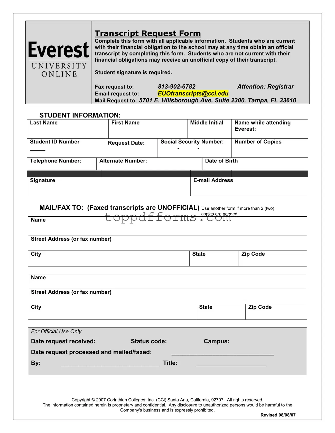 Free Everest University Transcript Form