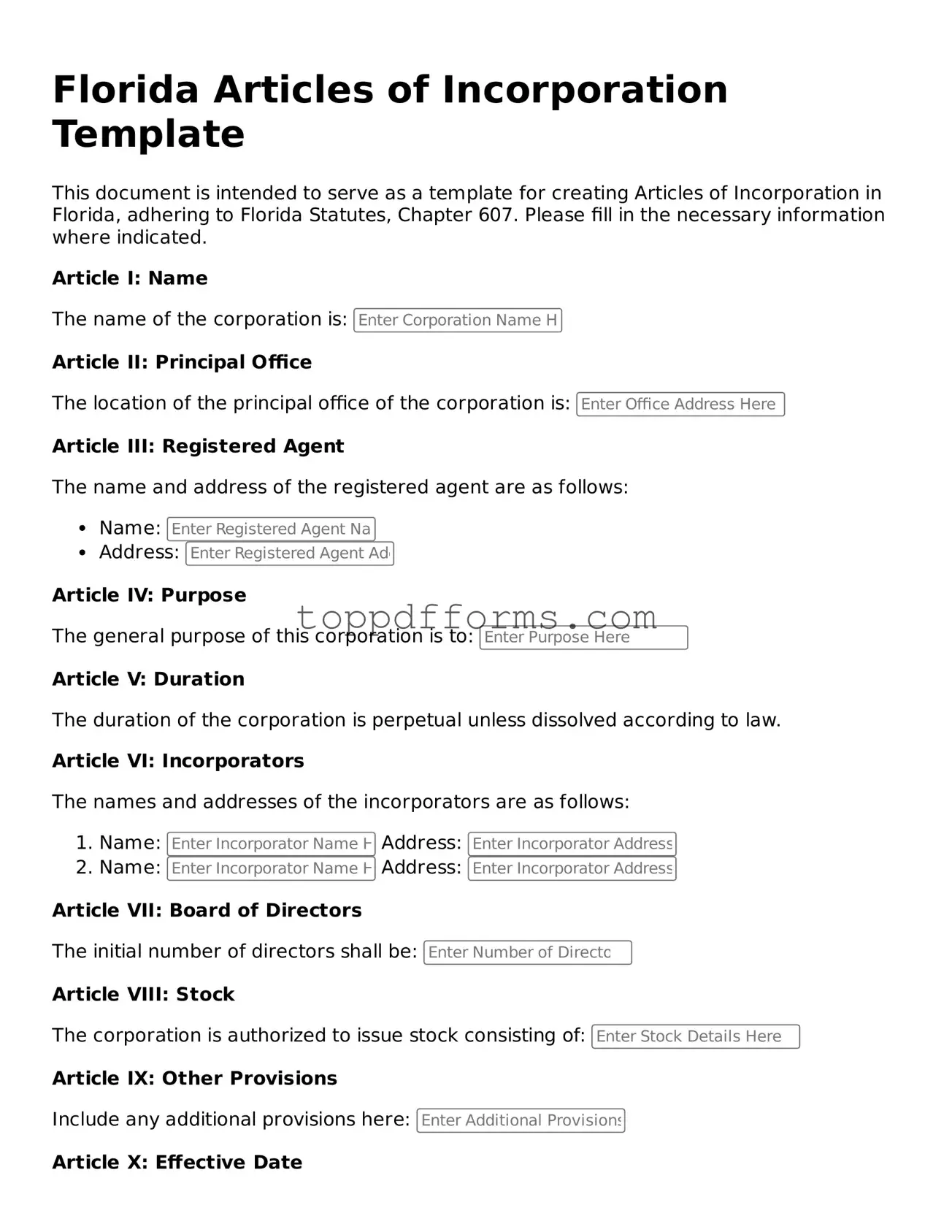 Articles of Incorporation Document for Florida State