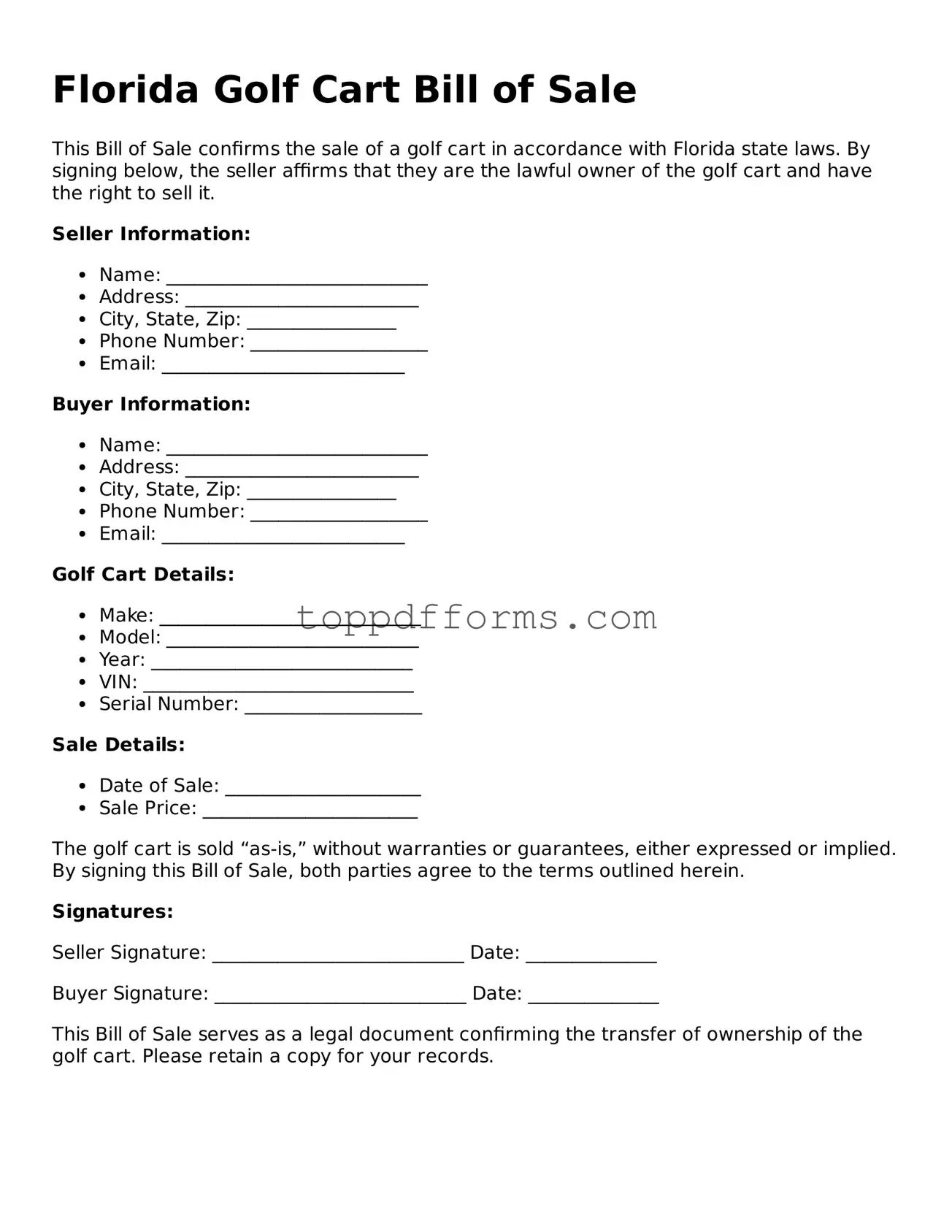 Golf Cart Bill of Sale Document for Florida State