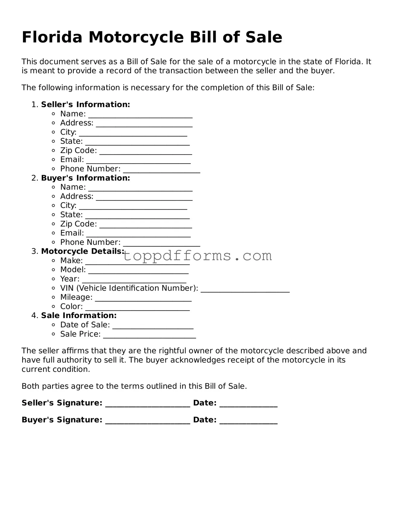 Motorcycle Bill of Sale Document for Florida State