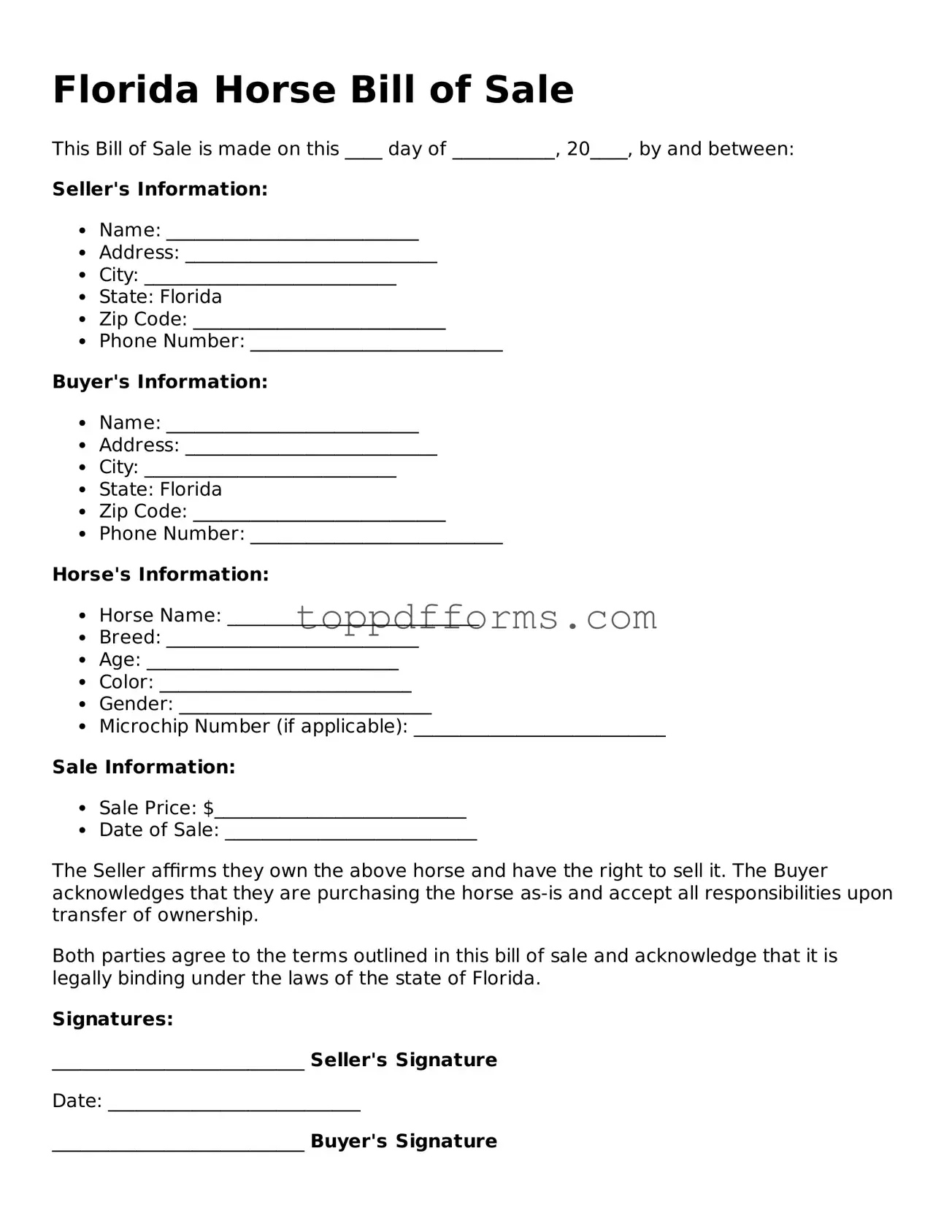 Horse Bill of Sale Document for Florida State
