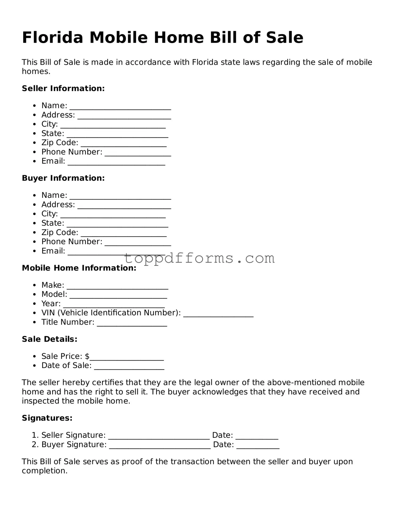 Mobile Home Bill of Sale Document for Florida State