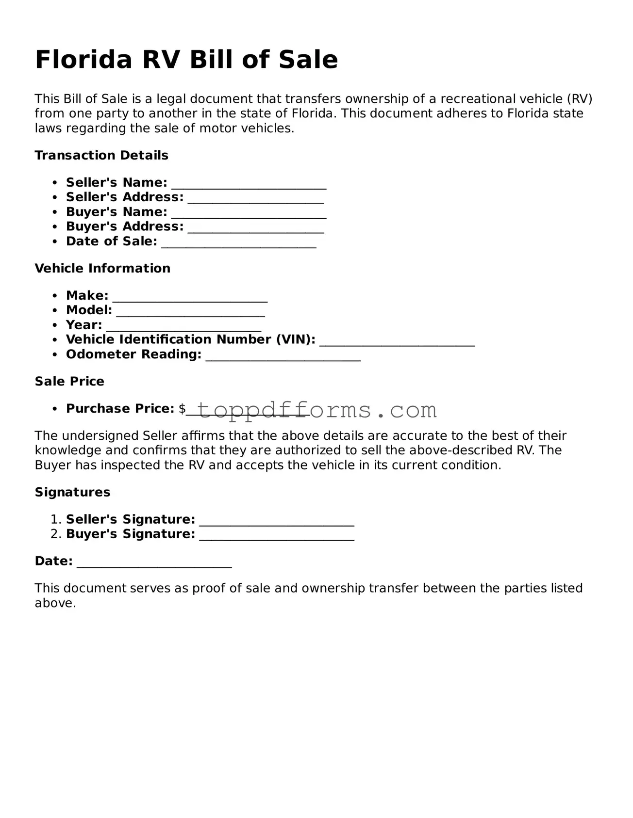 RV Bill of Sale Document for Florida State