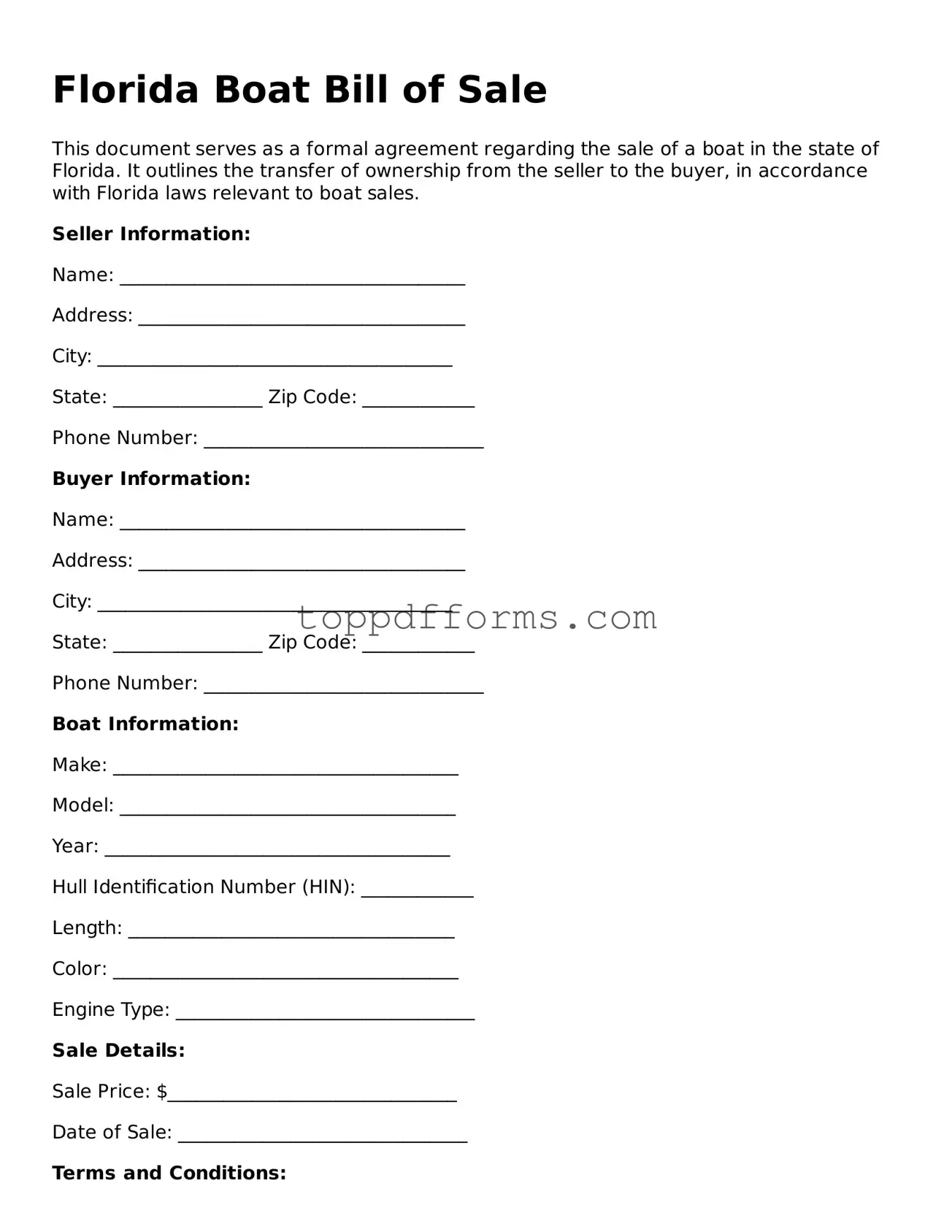 Boat Bill of Sale Document for Florida State