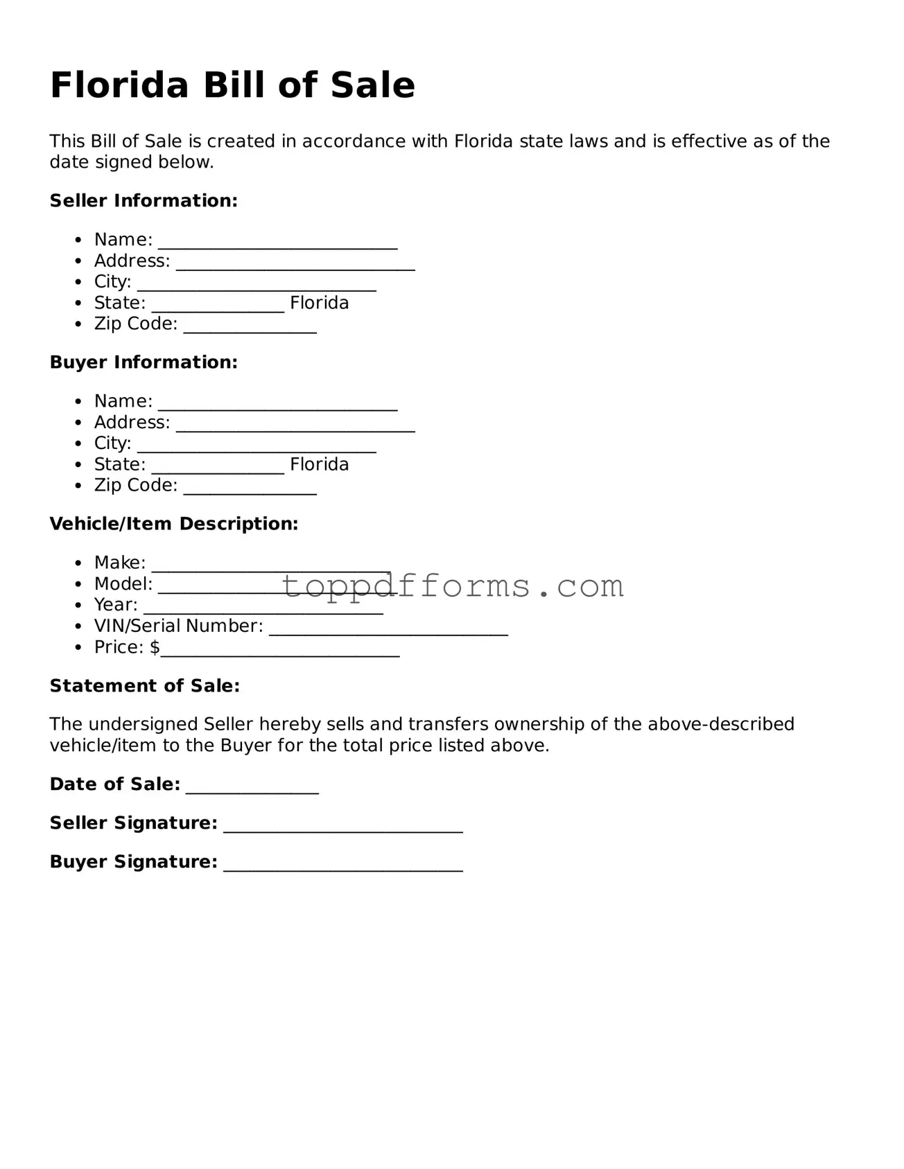 Bill of Sale Document for Florida State