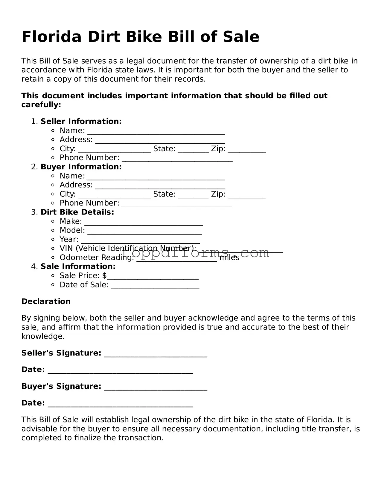 Dirt Bike Bill of Sale Document for Florida State