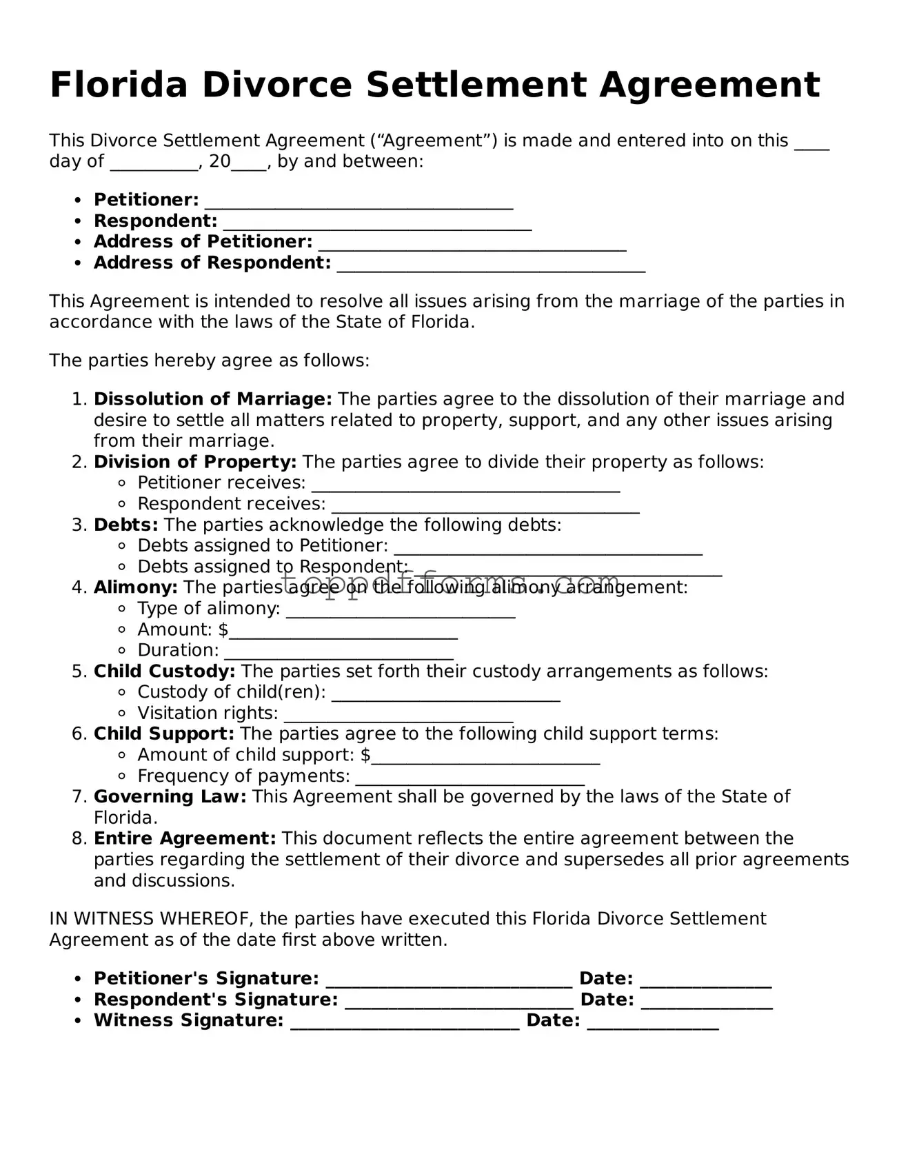 Divorce Settlement Agreement Document for Florida State