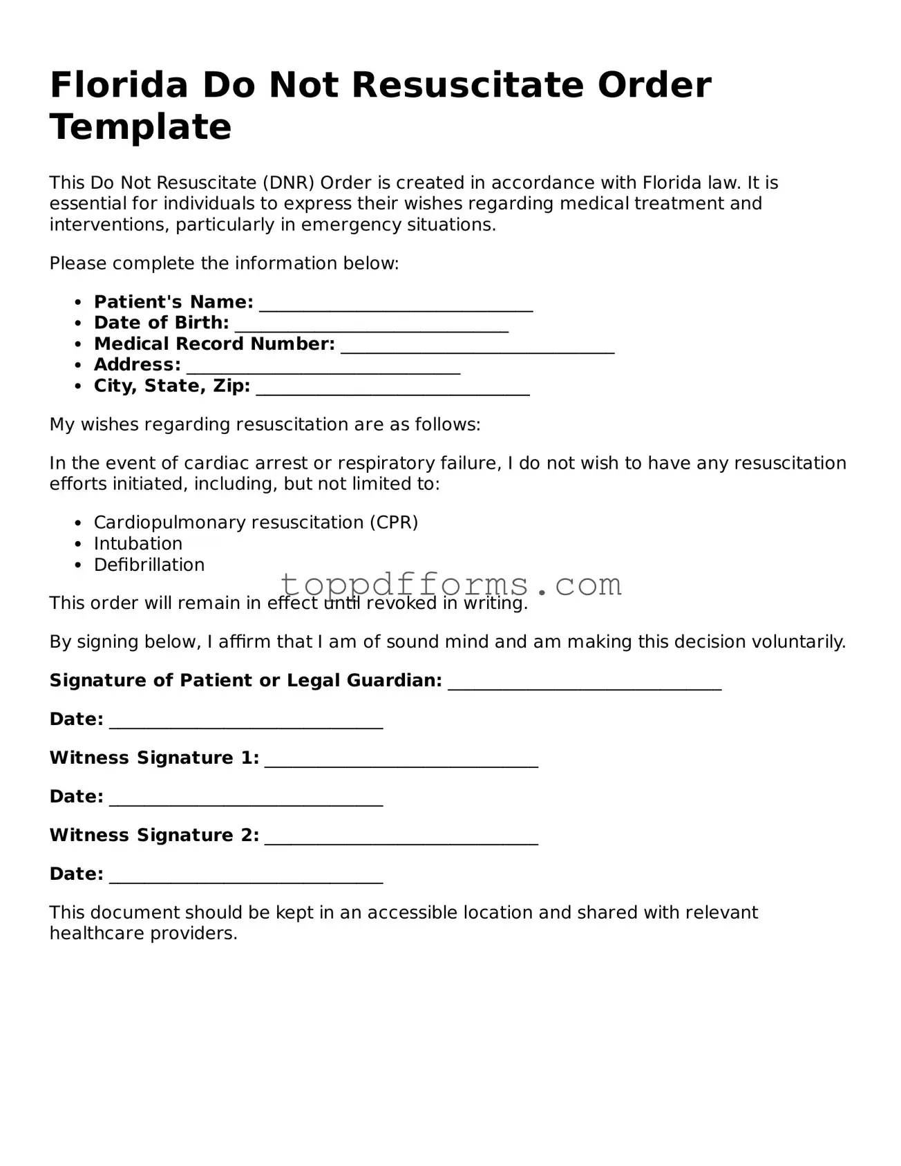 Do Not Resuscitate Order Document for Florida State