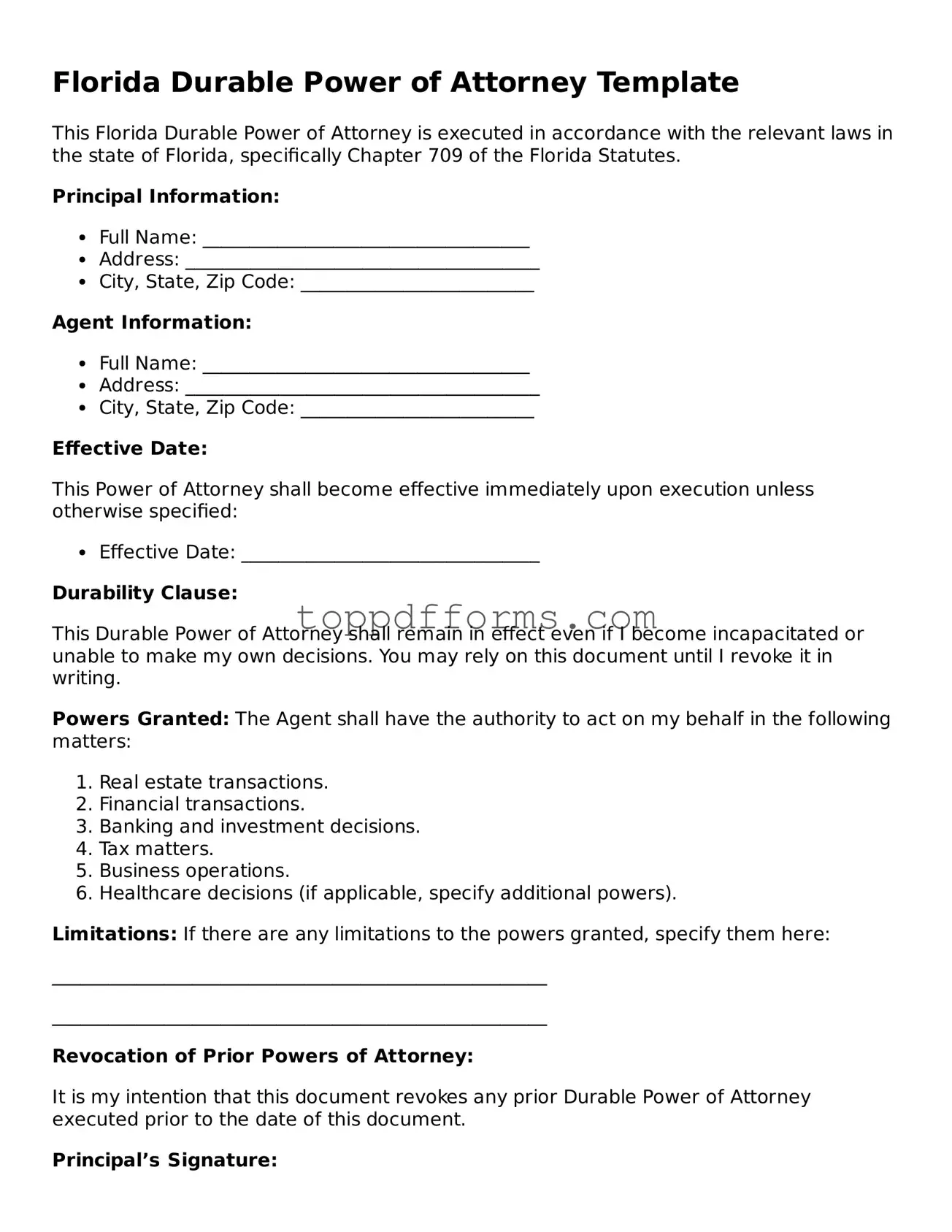 Durable Power of Attorney Document for Florida State