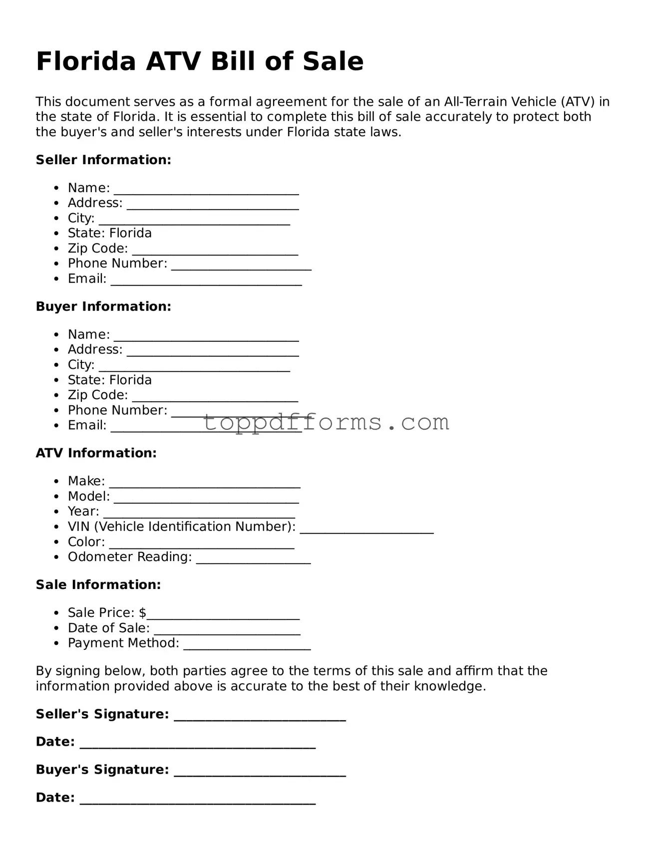 ATV Bill of Sale Document for Florida State