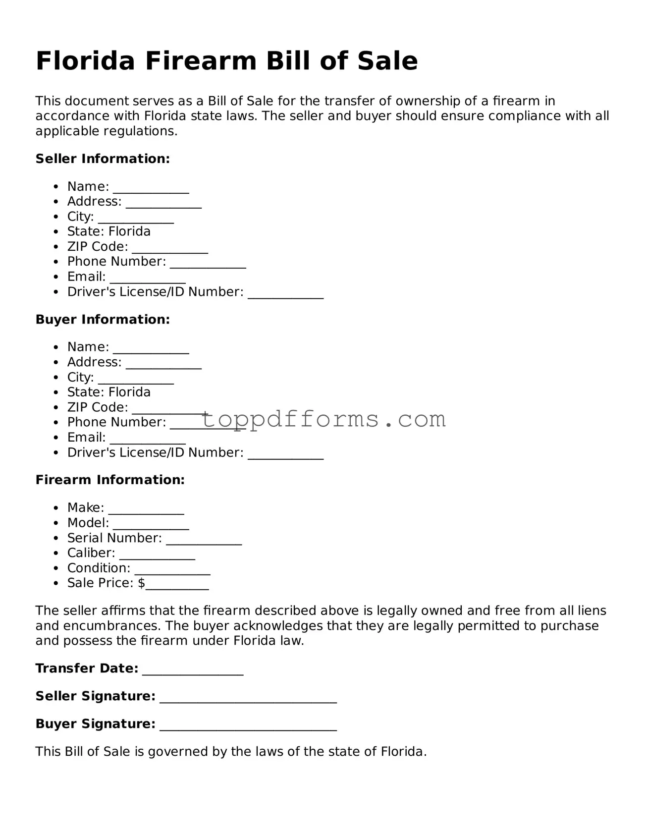 Firearm Bill of Sale Document for Florida State