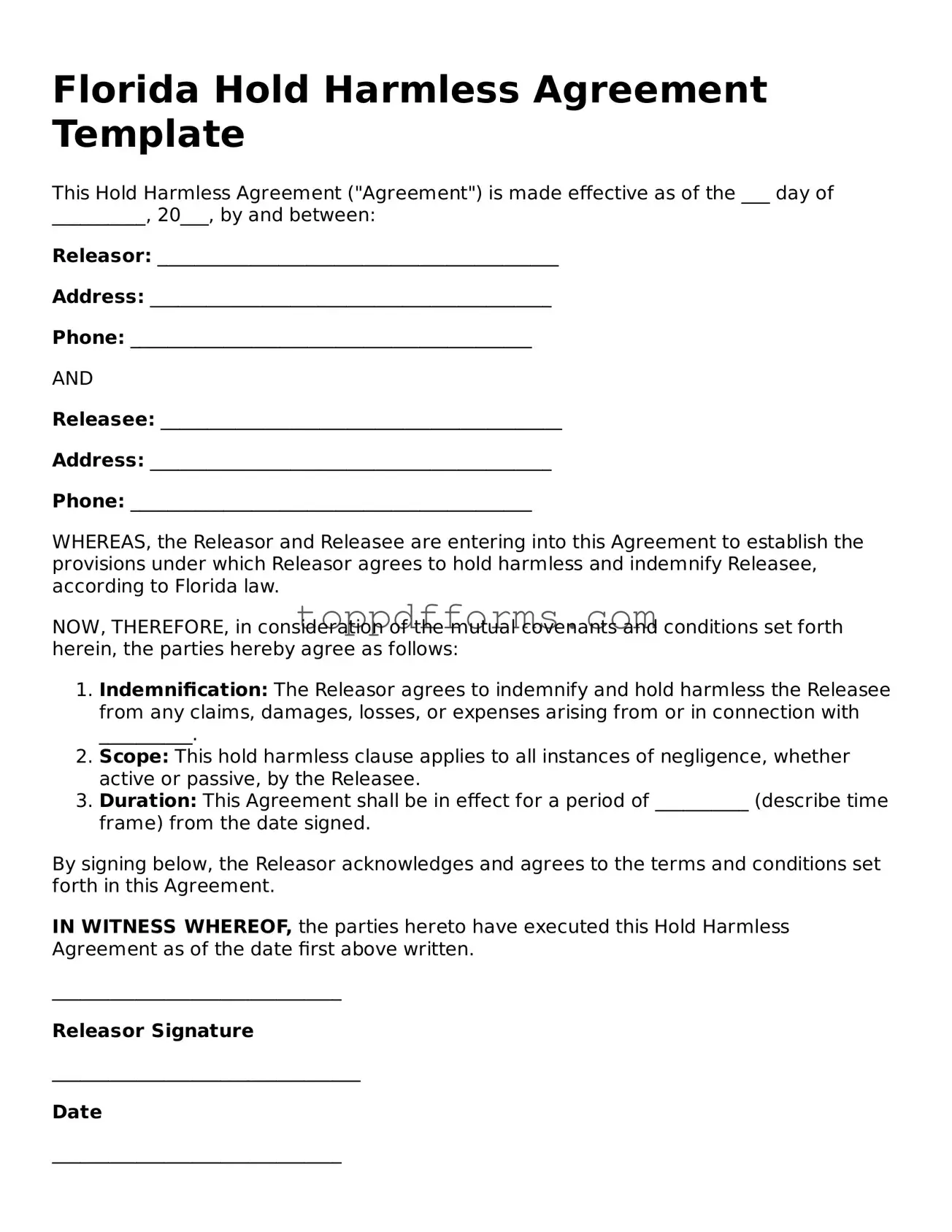 Hold Harmless Agreement Document for Florida State