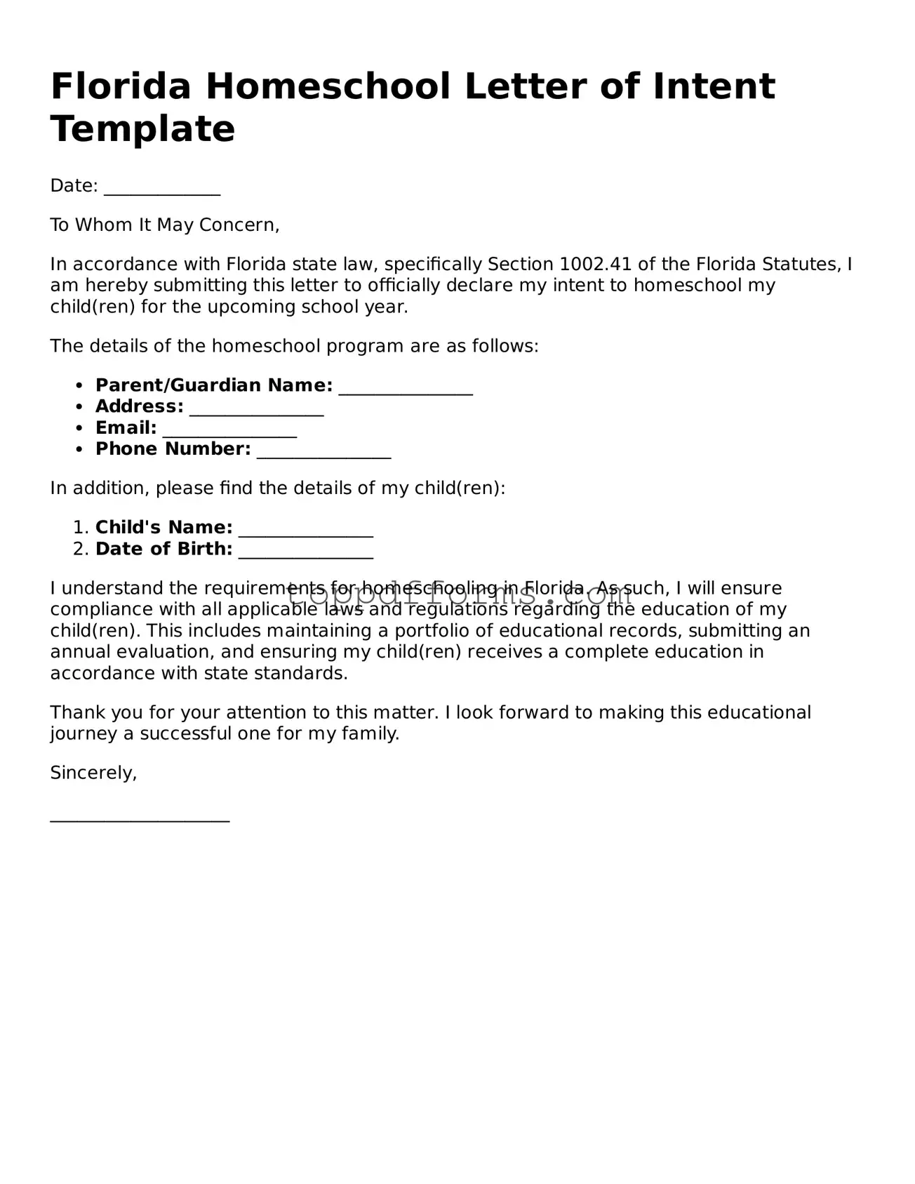 Homeschool Letter of Intent Document for Florida State