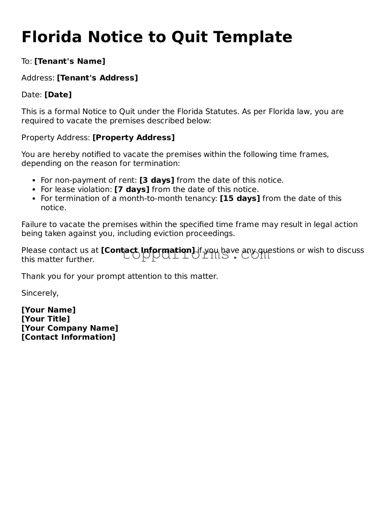 Notice to Quit Document for Florida State