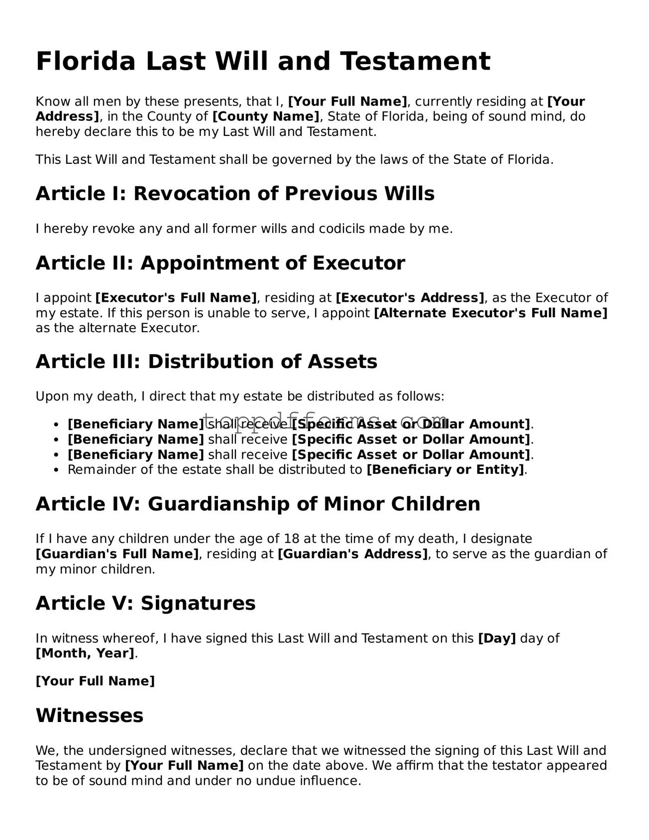 Last Will and Testament Document for Florida State