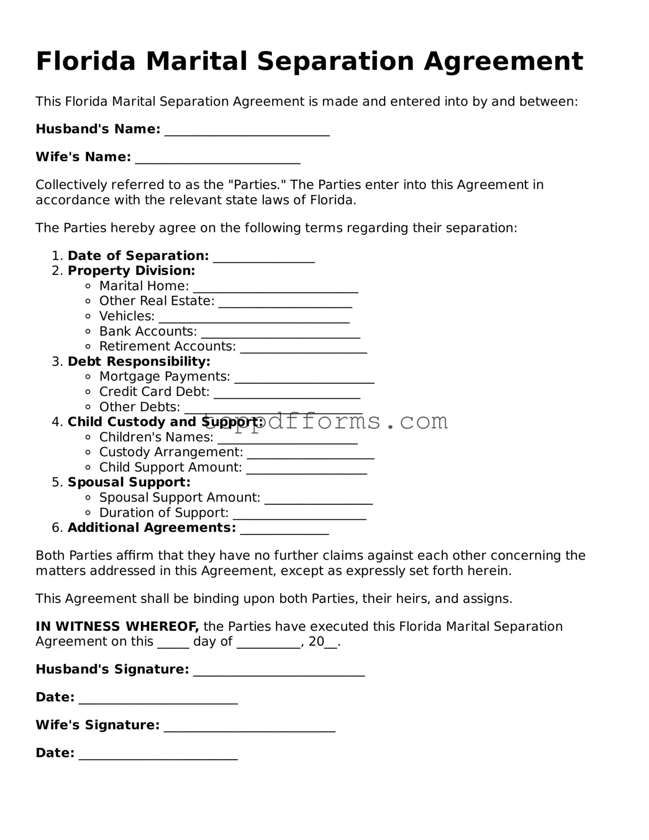 Marital Separation Agreement Document for Florida State
