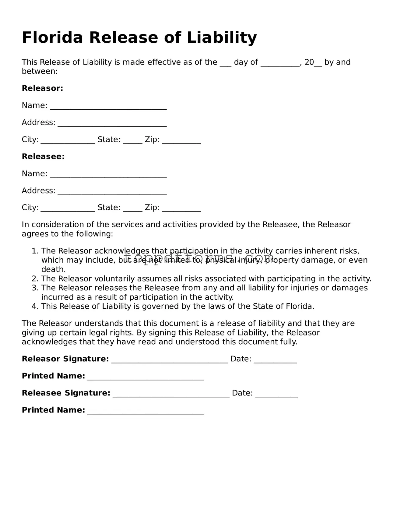 Release of Liability Document for Florida State
