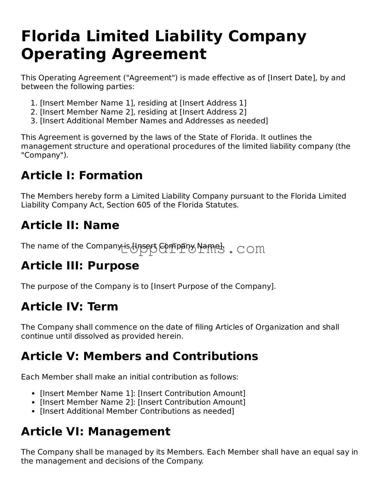 Operating Agreement Document for Florida State