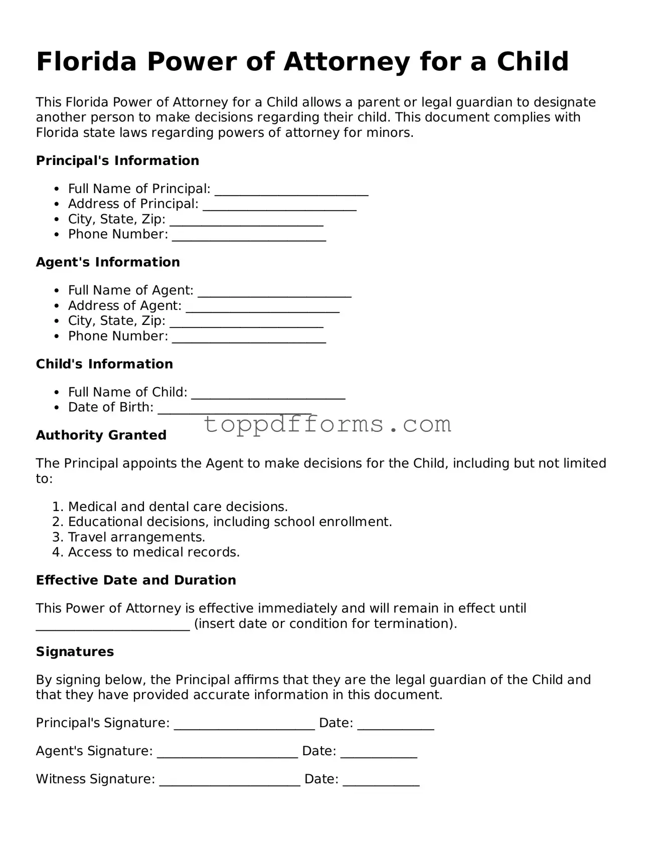 Power of Attorney for a Child Document for Florida State