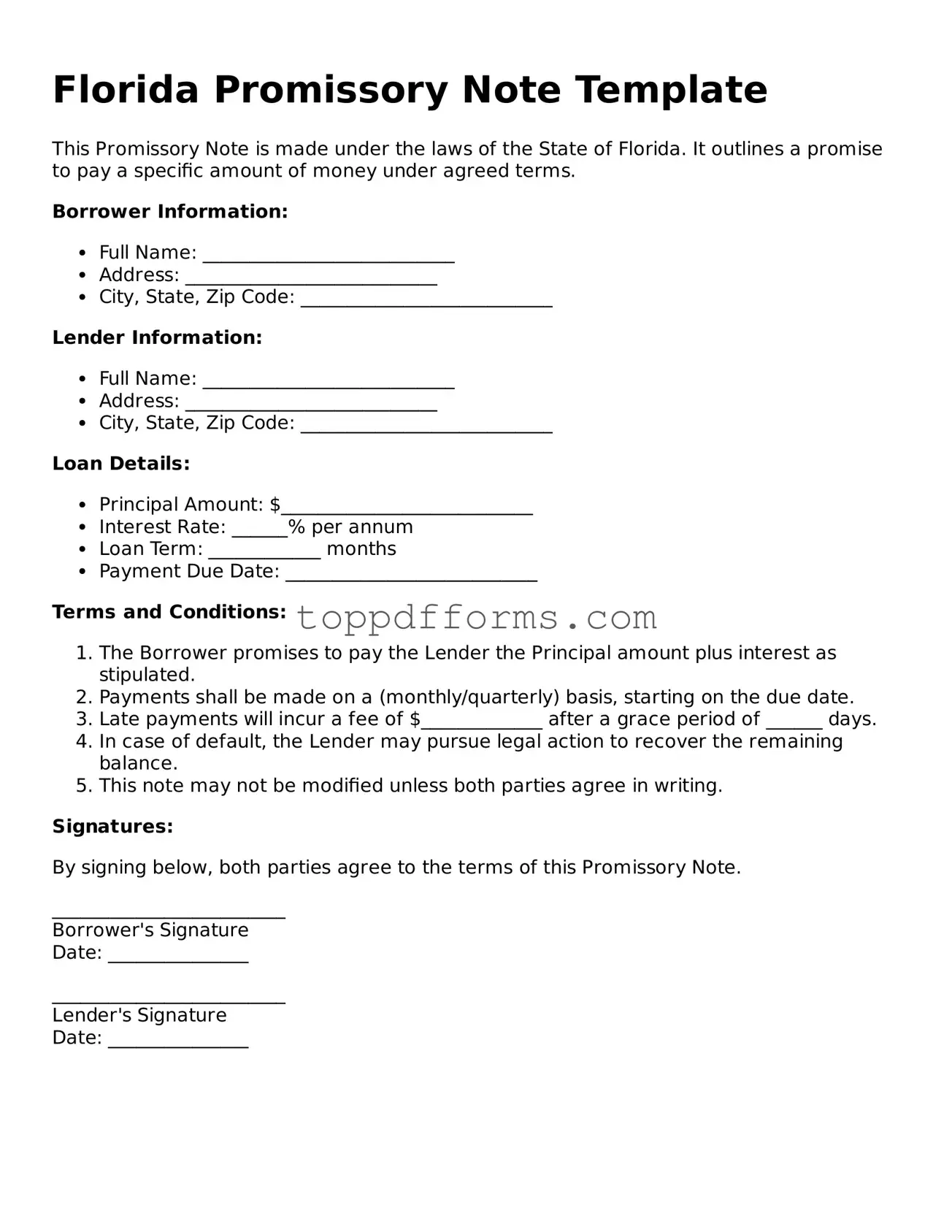 Promissory Note Document for Florida State