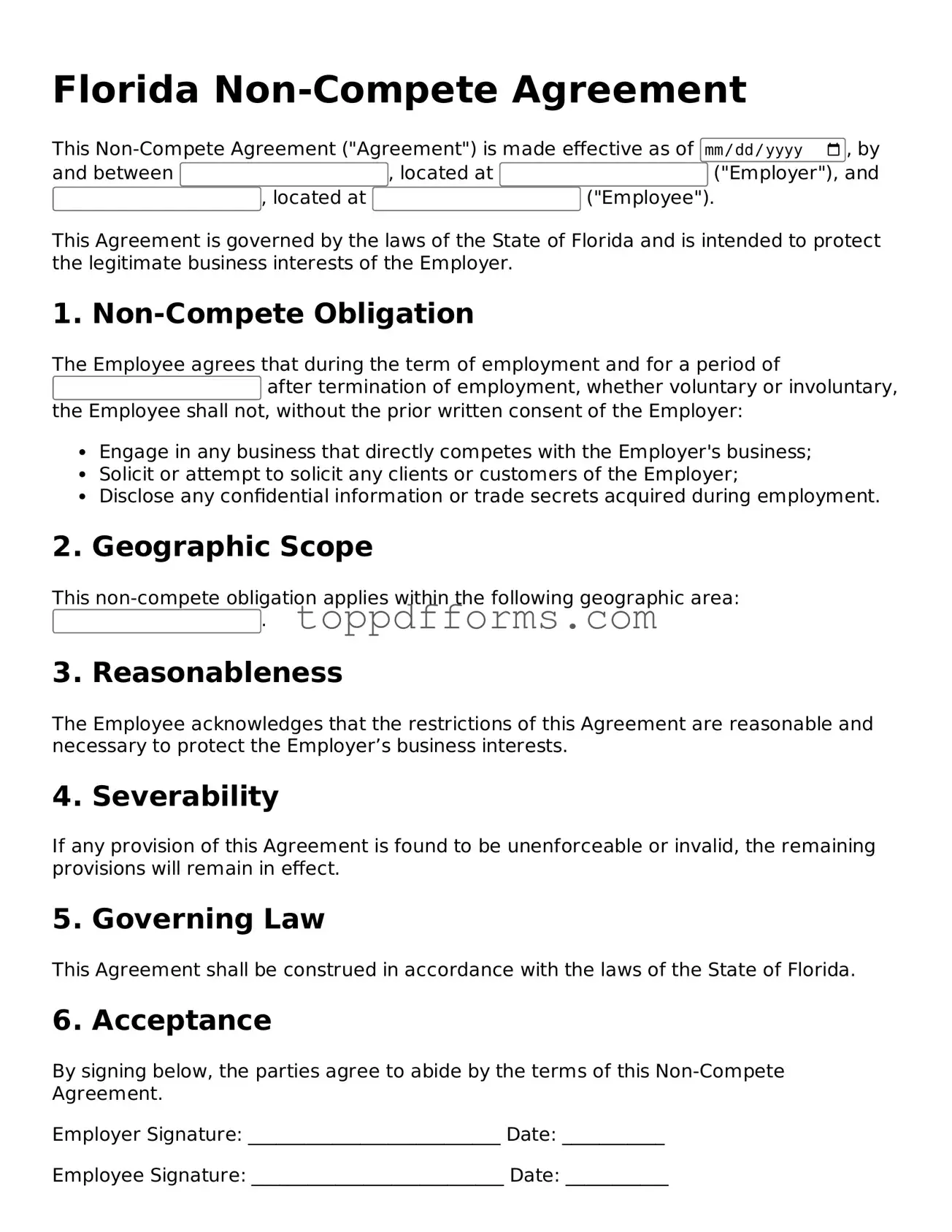 Non-compete Agreement Document for Florida State