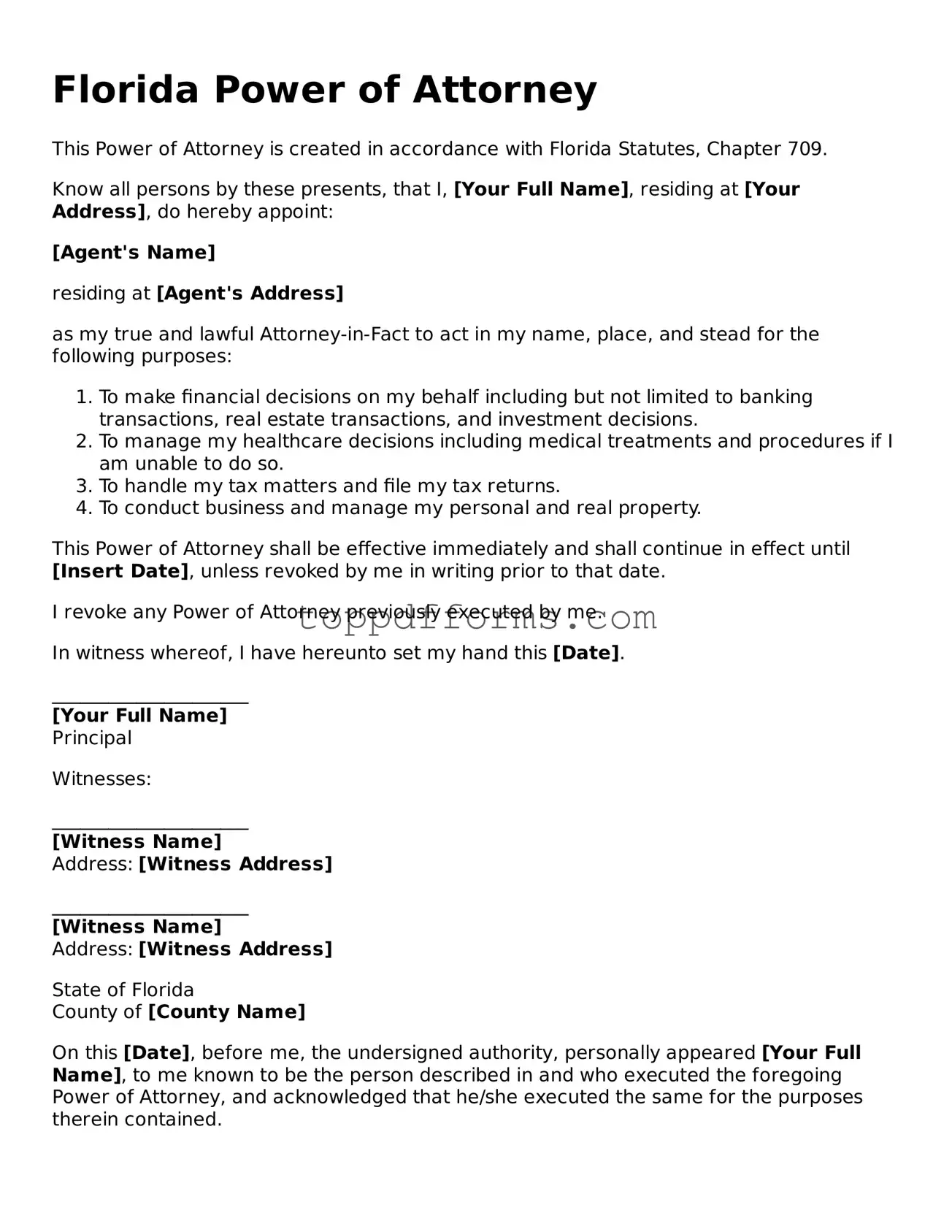 Power of Attorney Document for Florida State