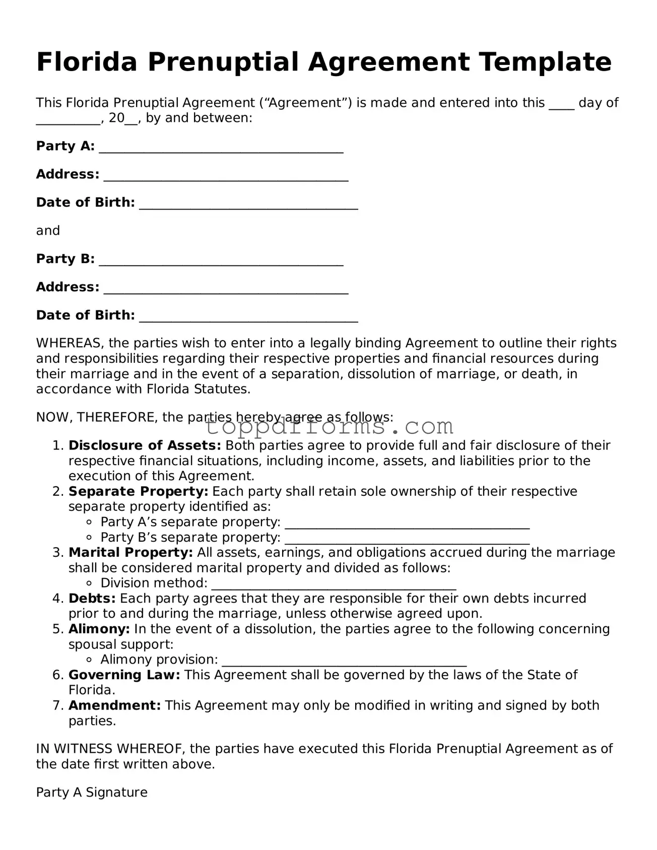 Prenuptial Agreement Document for Florida State