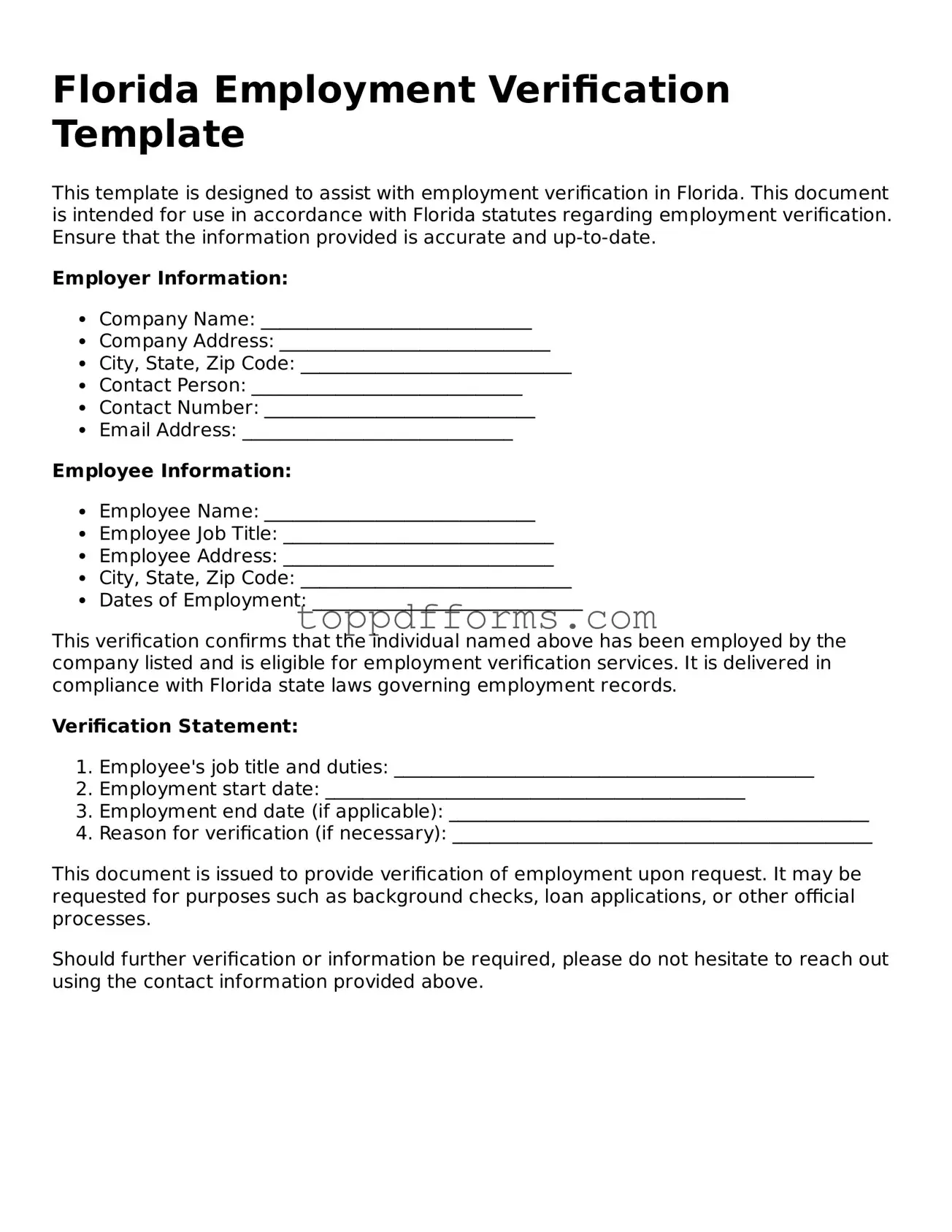 Employment Verification Document for Florida State