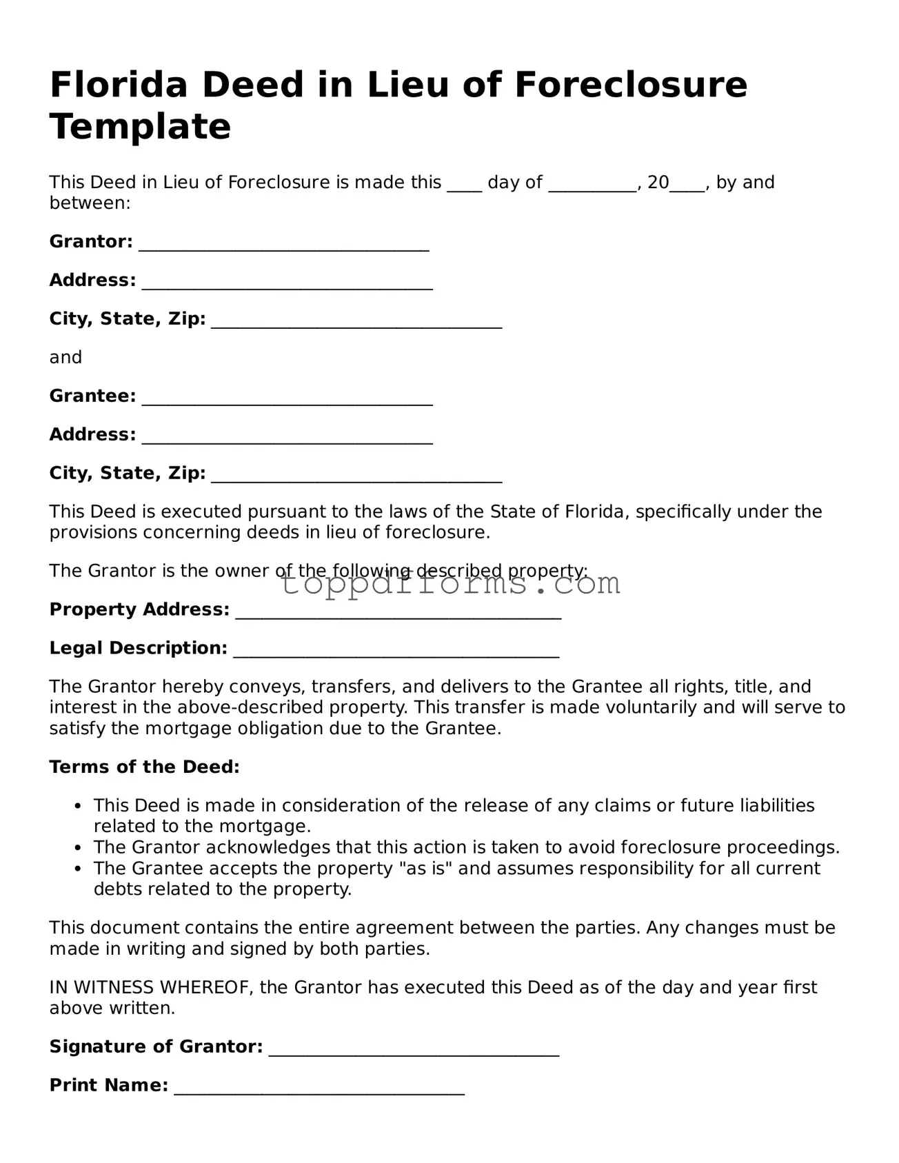 Deed in Lieu of Foreclosure Document for Florida State