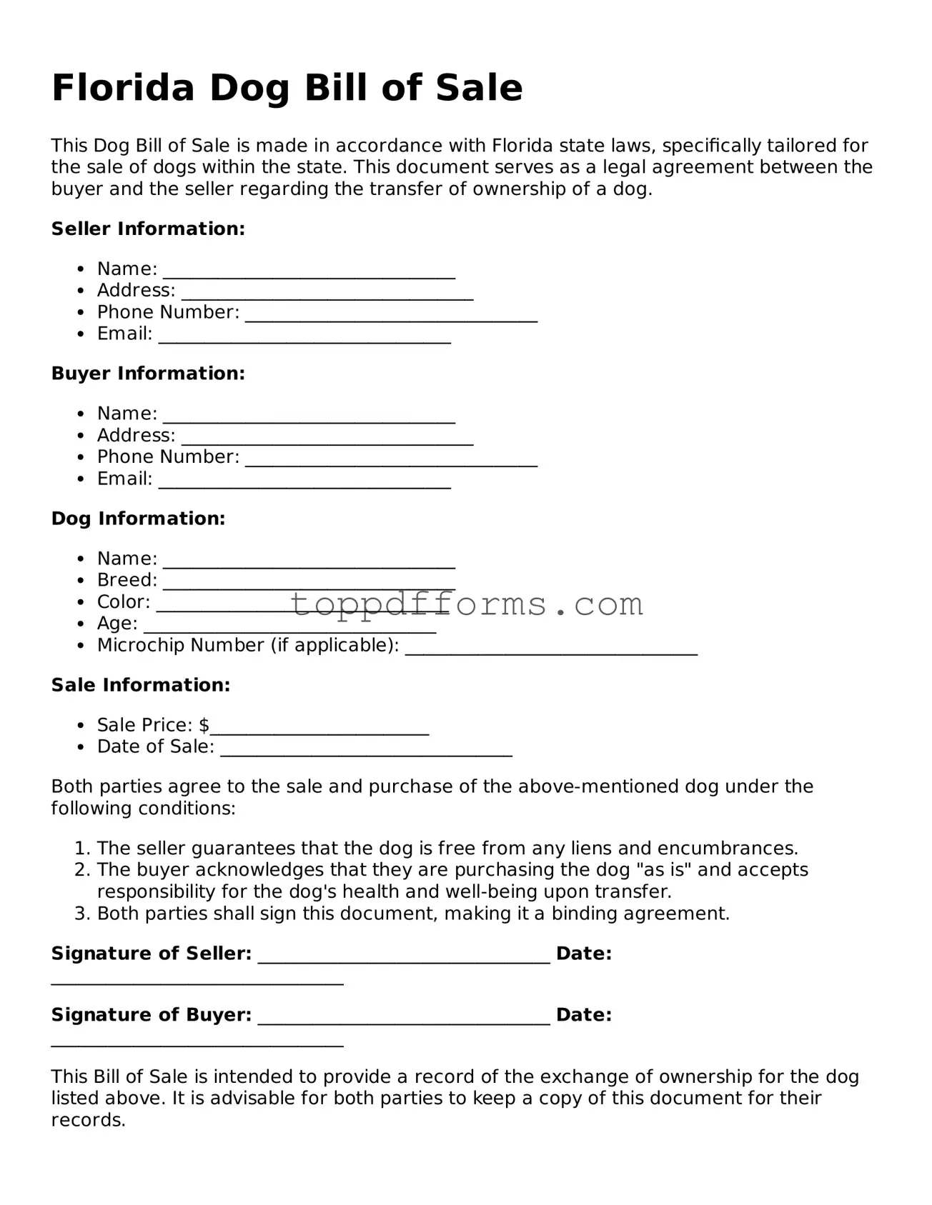 Dog Bill of Sale Document for Florida State