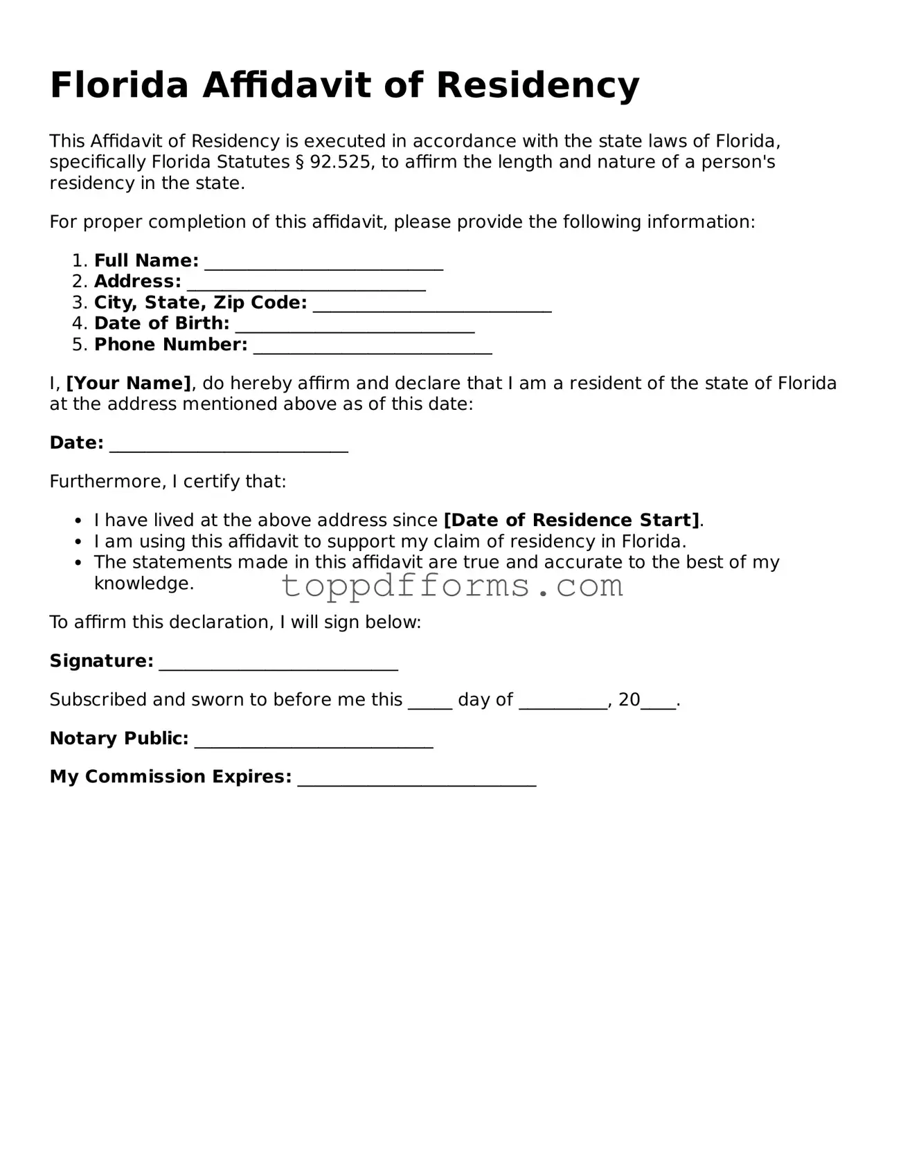 Affidavit of Residency Document for Florida State