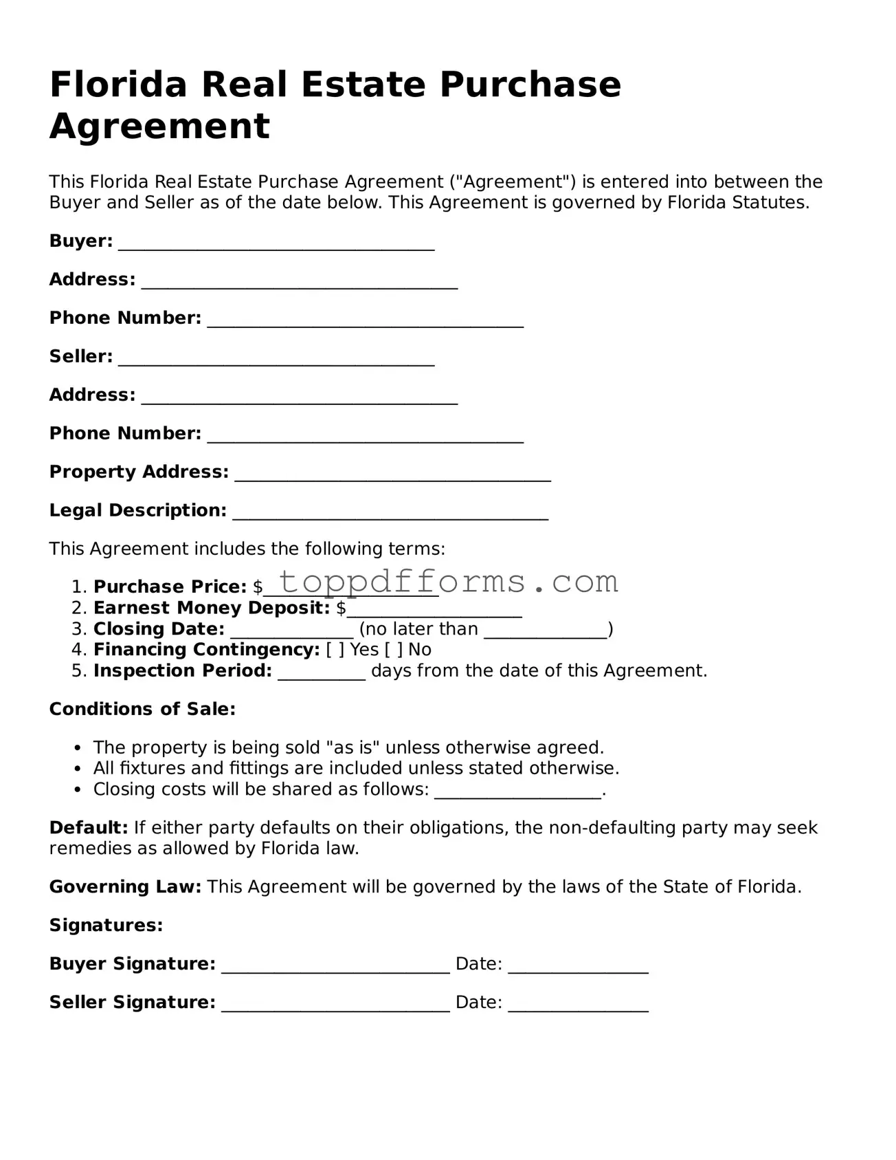 Real Estate Purchase Agreement Document for Florida State