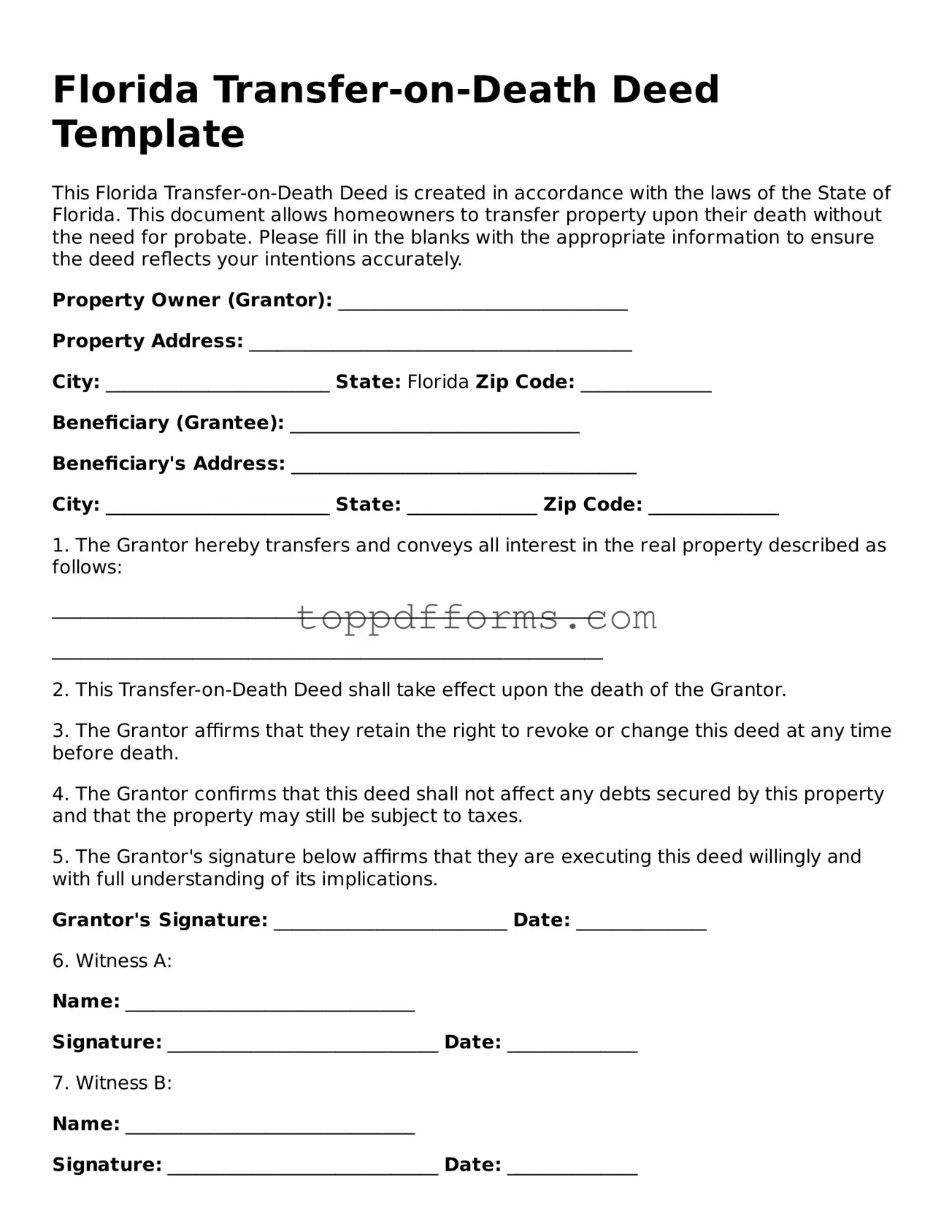 Transfer-on-Death Deed Document for Florida State