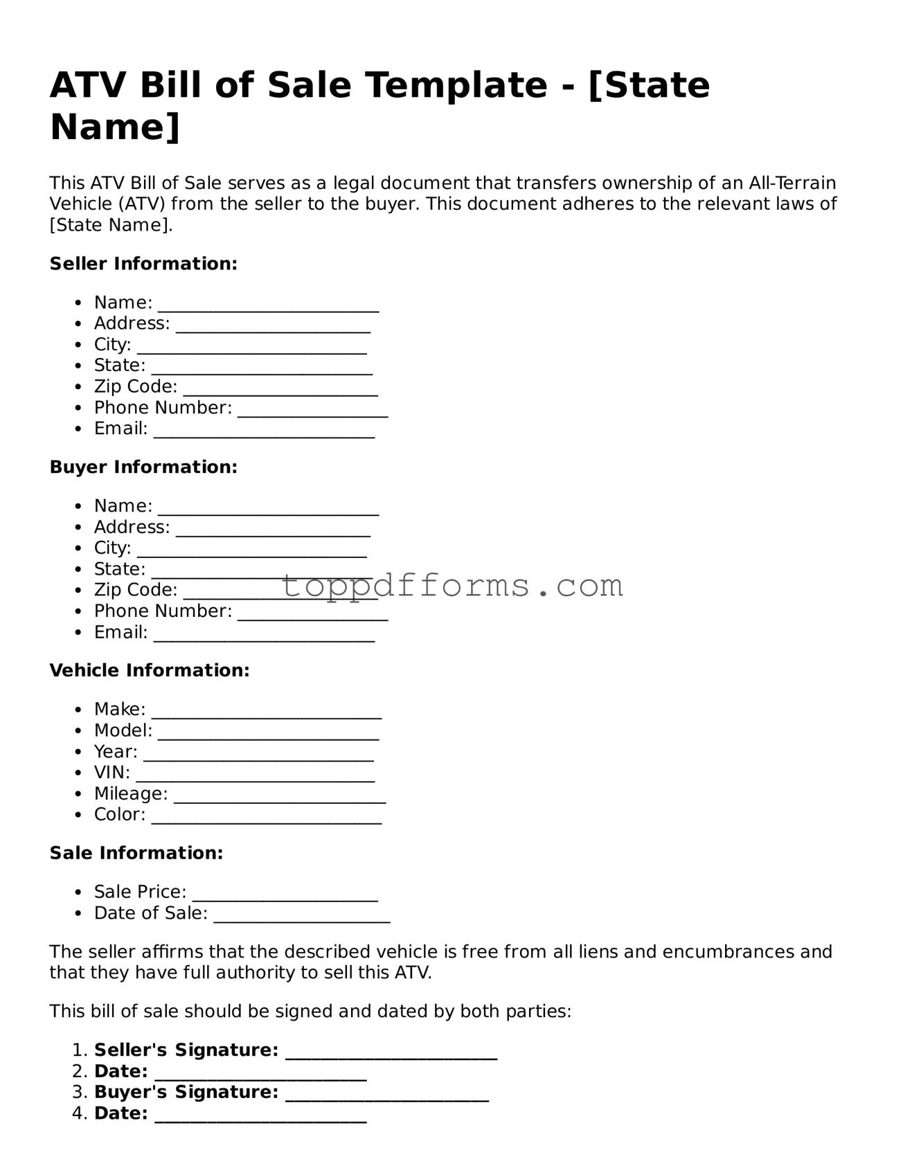 Free ATV Bill of Sale Template