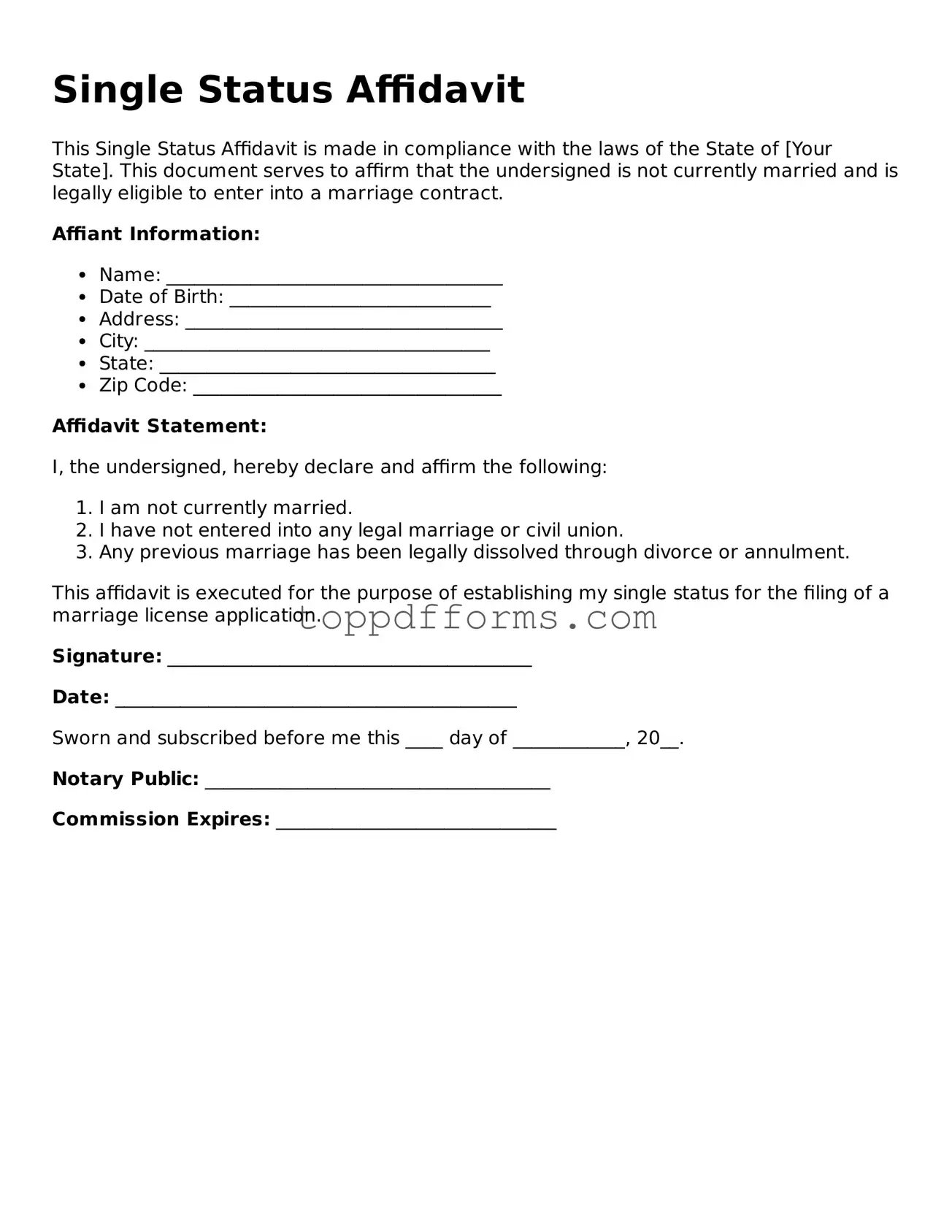 Free Single Status Affidavit Template