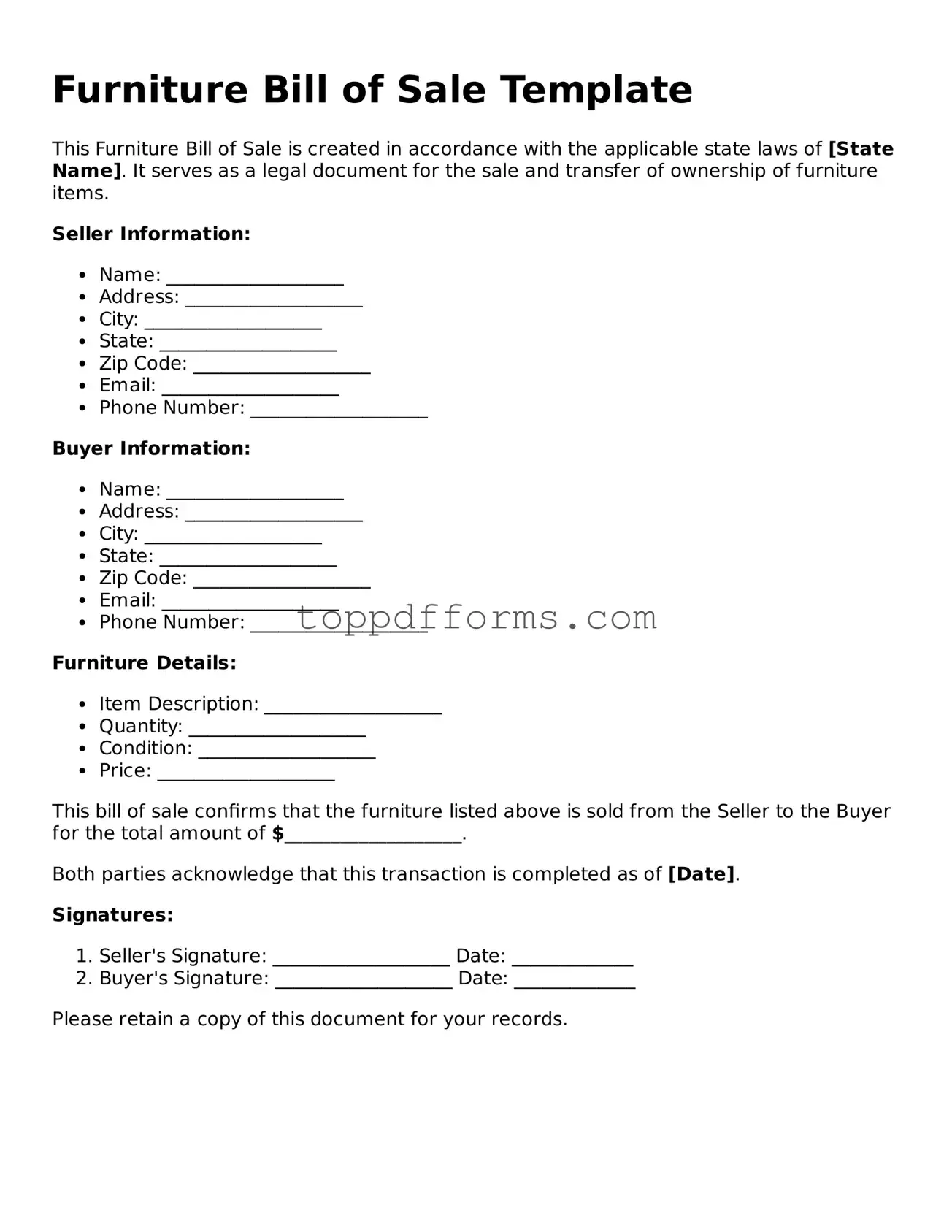 Free Furniture Bill of Sale Template
