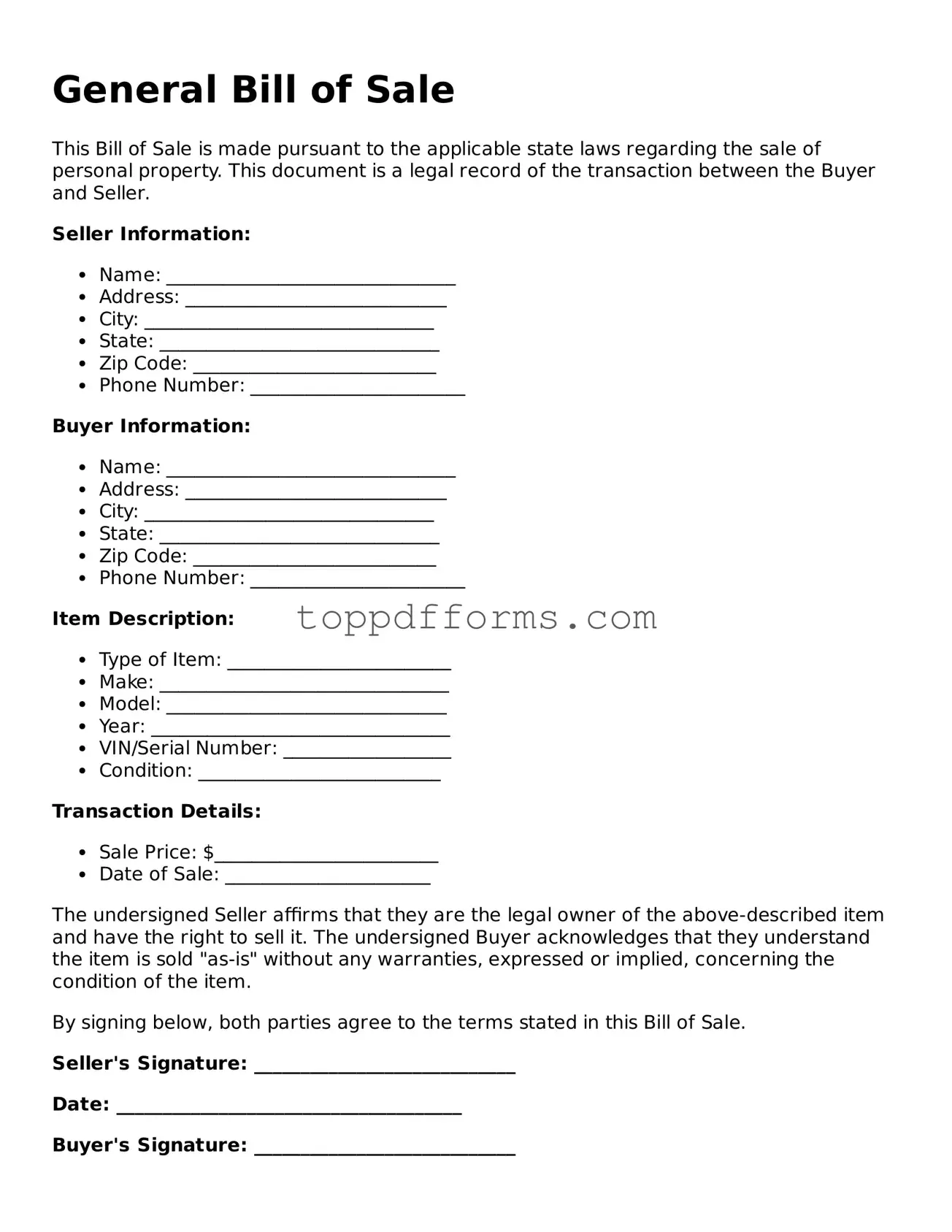 Free General Bill of Sale Template