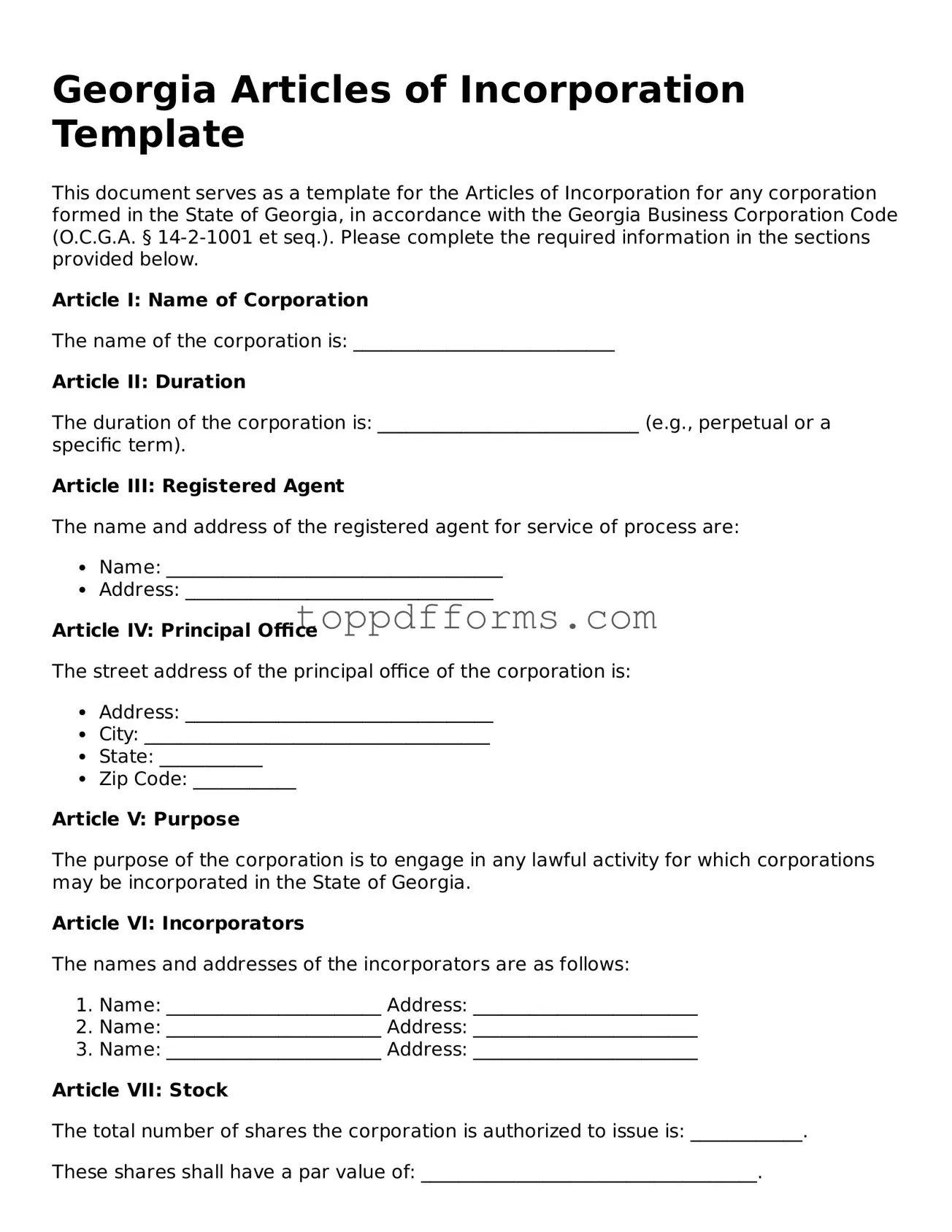 Articles of Incorporation Document for Georgia State