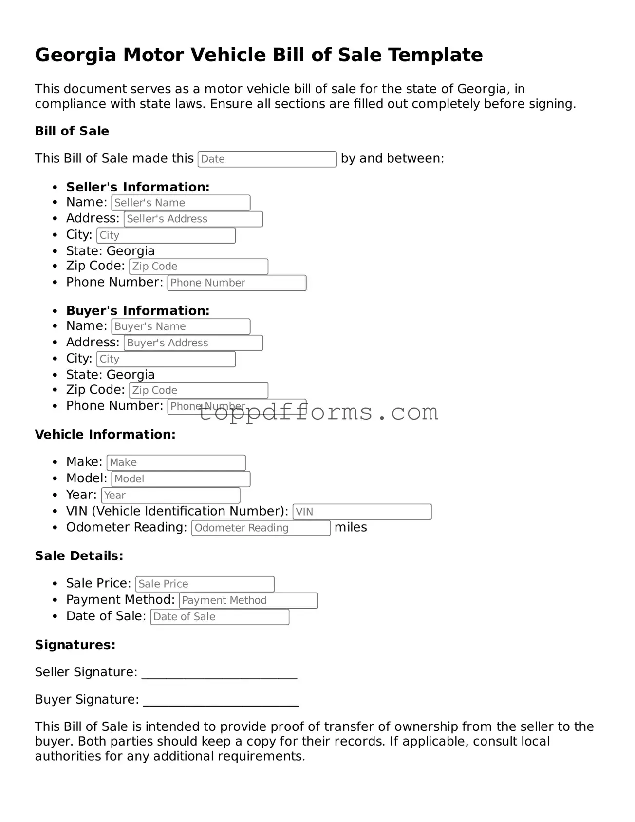 Motor Vehicle Bill of Sale Document for Georgia State