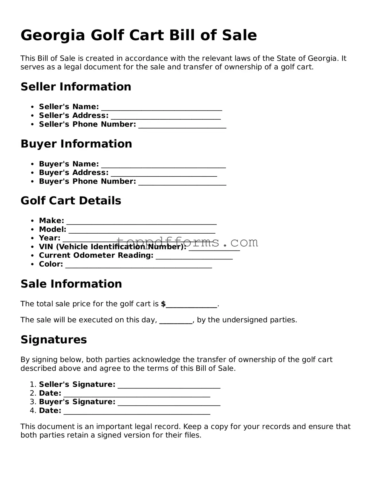 Golf Cart Bill of Sale Document for Georgia State