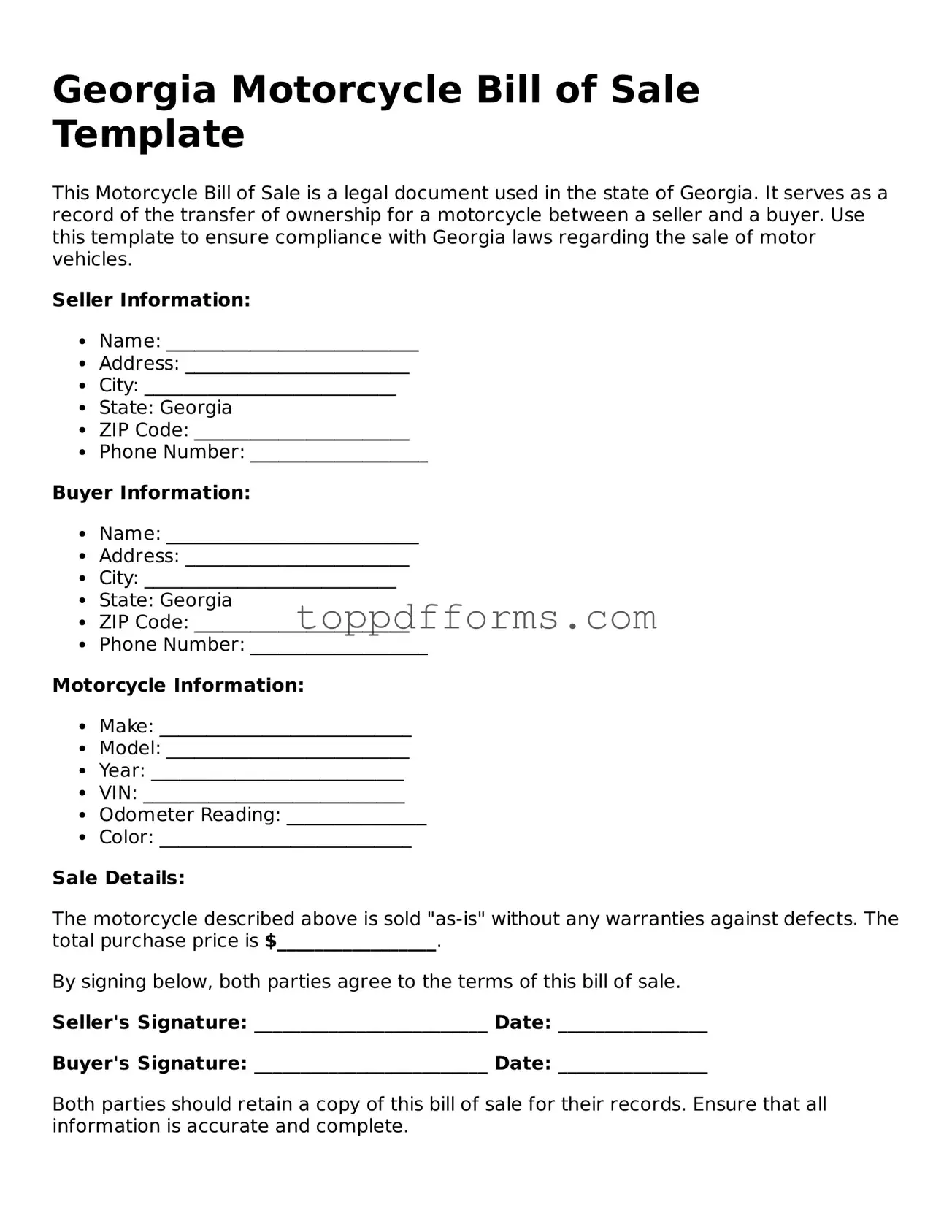 Motorcycle Bill of Sale Document for Georgia State